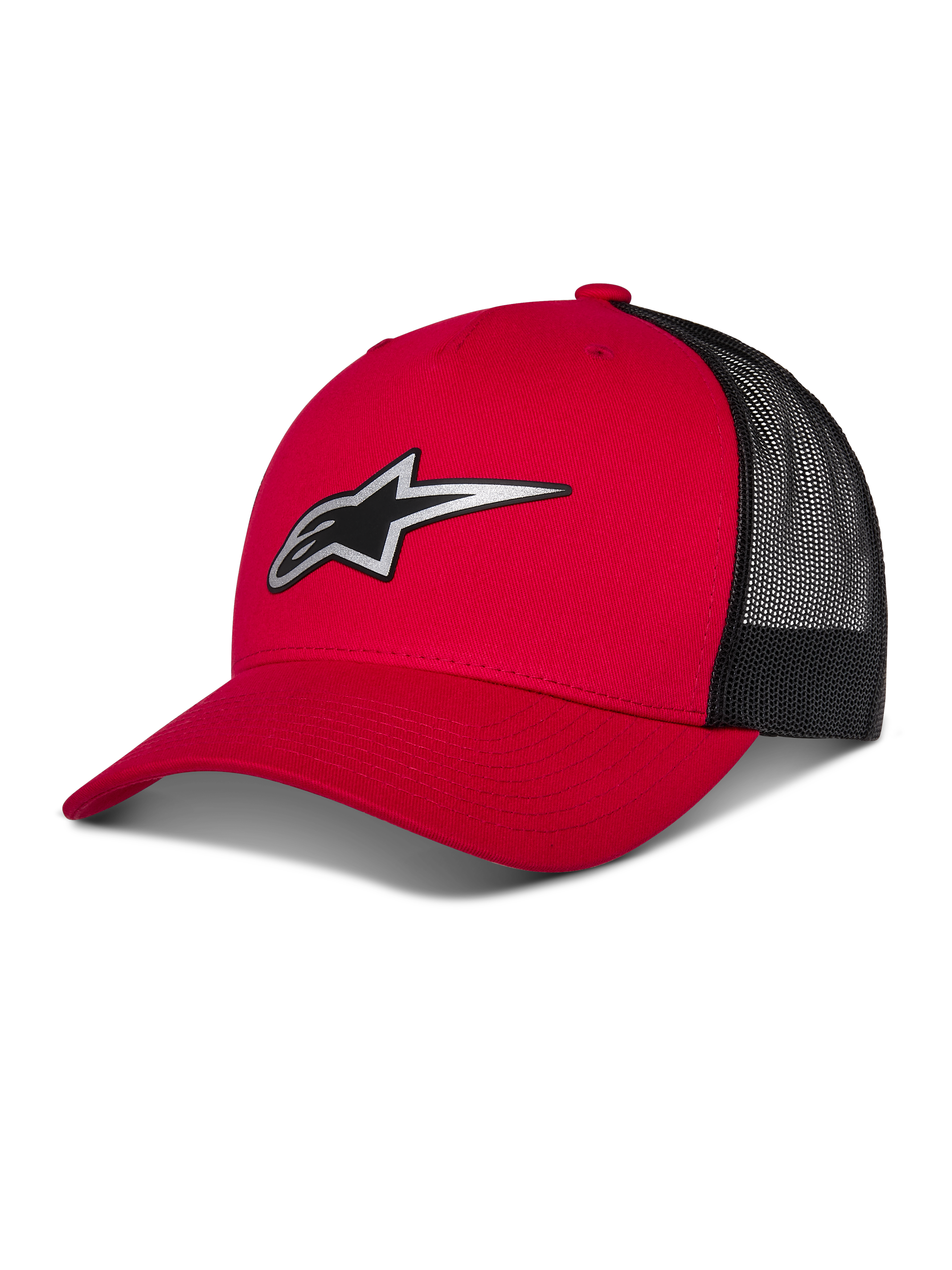 Alpinestars Reflect Ageless Trucker Hat, rote und schwarze Baseballkappe, gebogener Schirm mit reflektierendem Astars-Logo, schwarze Mesh-Rückseite, strukturiertes Design