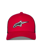 Alpinestars Reflect Ageless Trucker-Mütze, Rot und Schwarz, mit großem reflektierendem Astars-Logo in Silber und Schwarz, gebogener Schirm, strukturierte Krone, schwarze Mesh-Einsätze, lässige Motorsport-Lifestyle-Kopfbedeckung