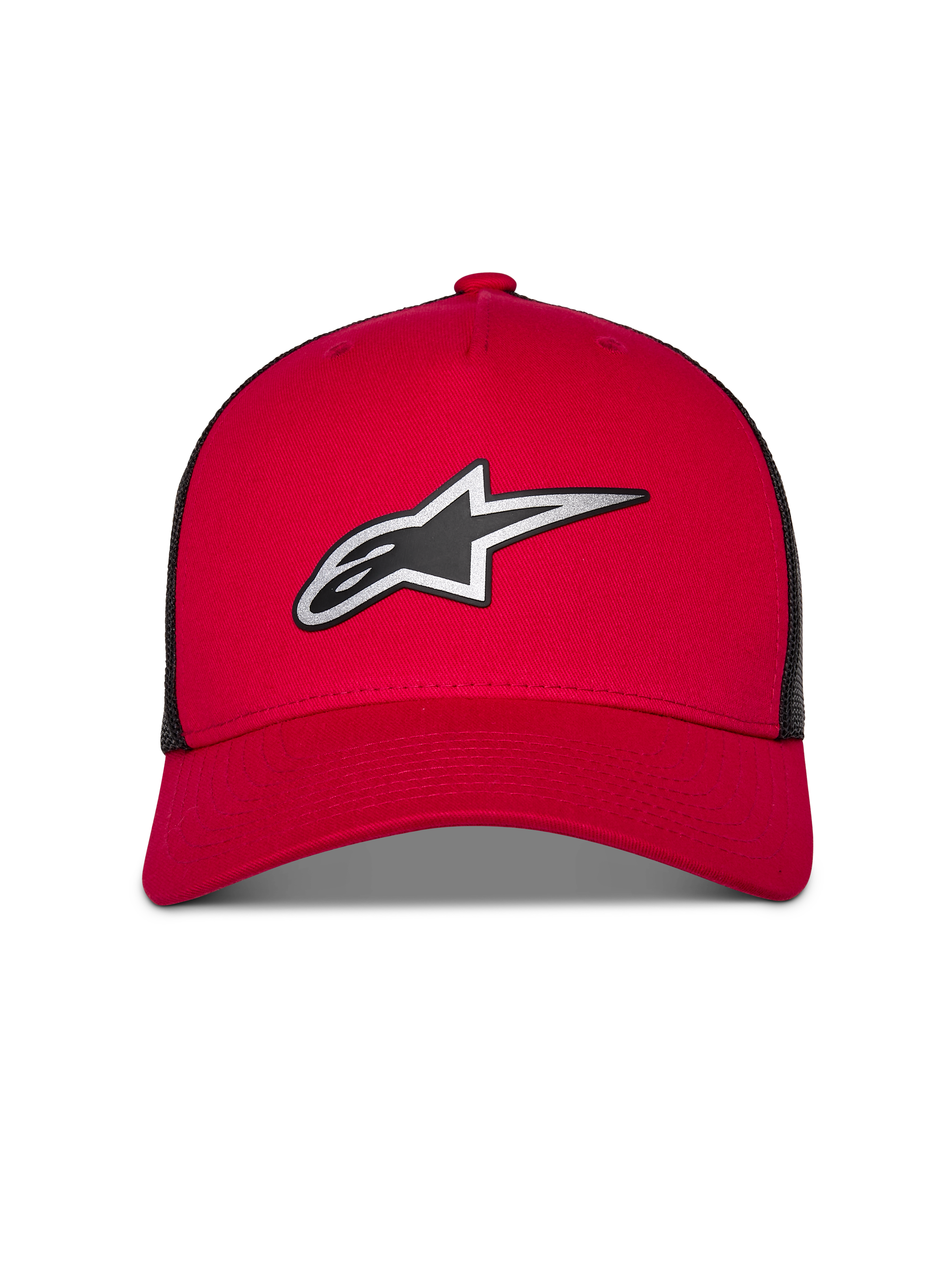 Alpinestars Reflect Ageless Trucker-Mütze, Rot und Schwarz, mit großem reflektierendem Astars-Logo in Silber und Schwarz, gebogener Schirm, strukturierte Krone, schwarze Mesh-Einsätze, lässige Motorsport-Lifestyle-Kopfbedeckung