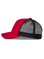 Alpinestars Reflect Ageless Trucker-Mütze, Rot und Schwarz, Seitenprofil mit gebogenem Schirm, strukturierter roter Krone und schwarzem Mesh-Gewebe auf der Rückseite, lässige, vom Motorsport inspirierte Kopfbedeckung