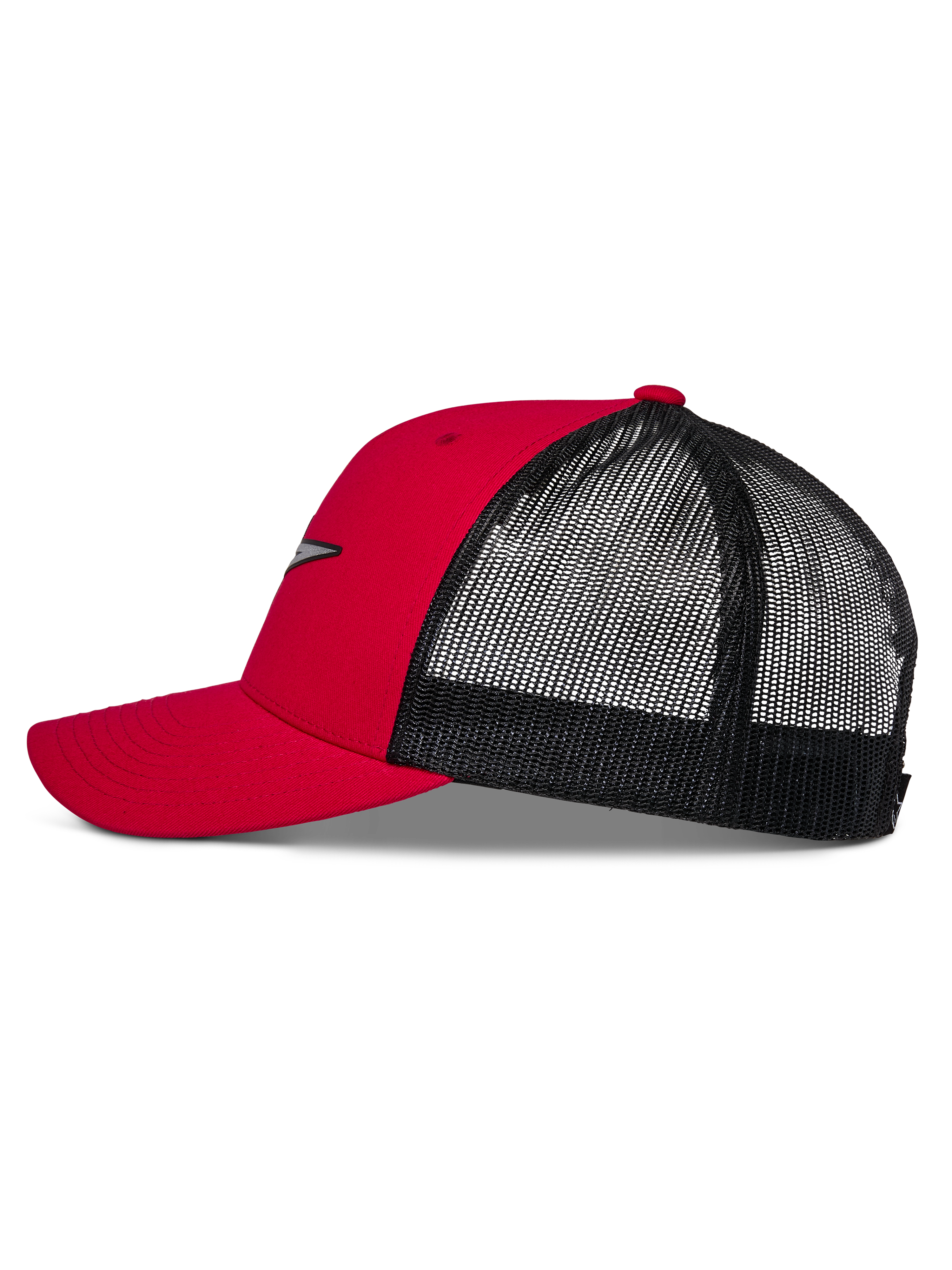 Alpinestars Reflect Ageless Trucker-Mütze, Rot und Schwarz, Seitenprofil mit gebogenem Schirm, strukturierter roter Krone und schwarzem Mesh-Gewebe auf der Rückseite, lässige, vom Motorsport inspirierte Kopfbedeckung