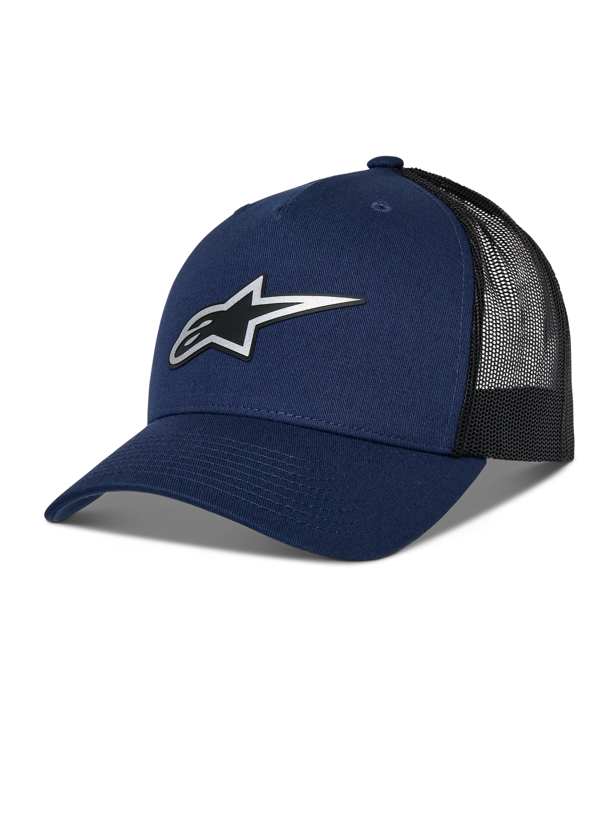 Alpinestars Reflect Ageless Trucker Hat, casquette trucker bleu marine et noir, visière courbée, logo Astars argenté réfléchissant, arrière en maille pour la ventilation, couronne structurée, style motorsport décontracté