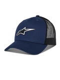 Alpinestars Reflect Ageless Trucker Hat, dunkelblaue und schwarze Trucker-Cap, gebogener Schirm, reflektierendes silbernes Astars-Logo, Mesh-Rücken zur Belüftung, strukturierte Krone, lässiger Motorsport-Stil