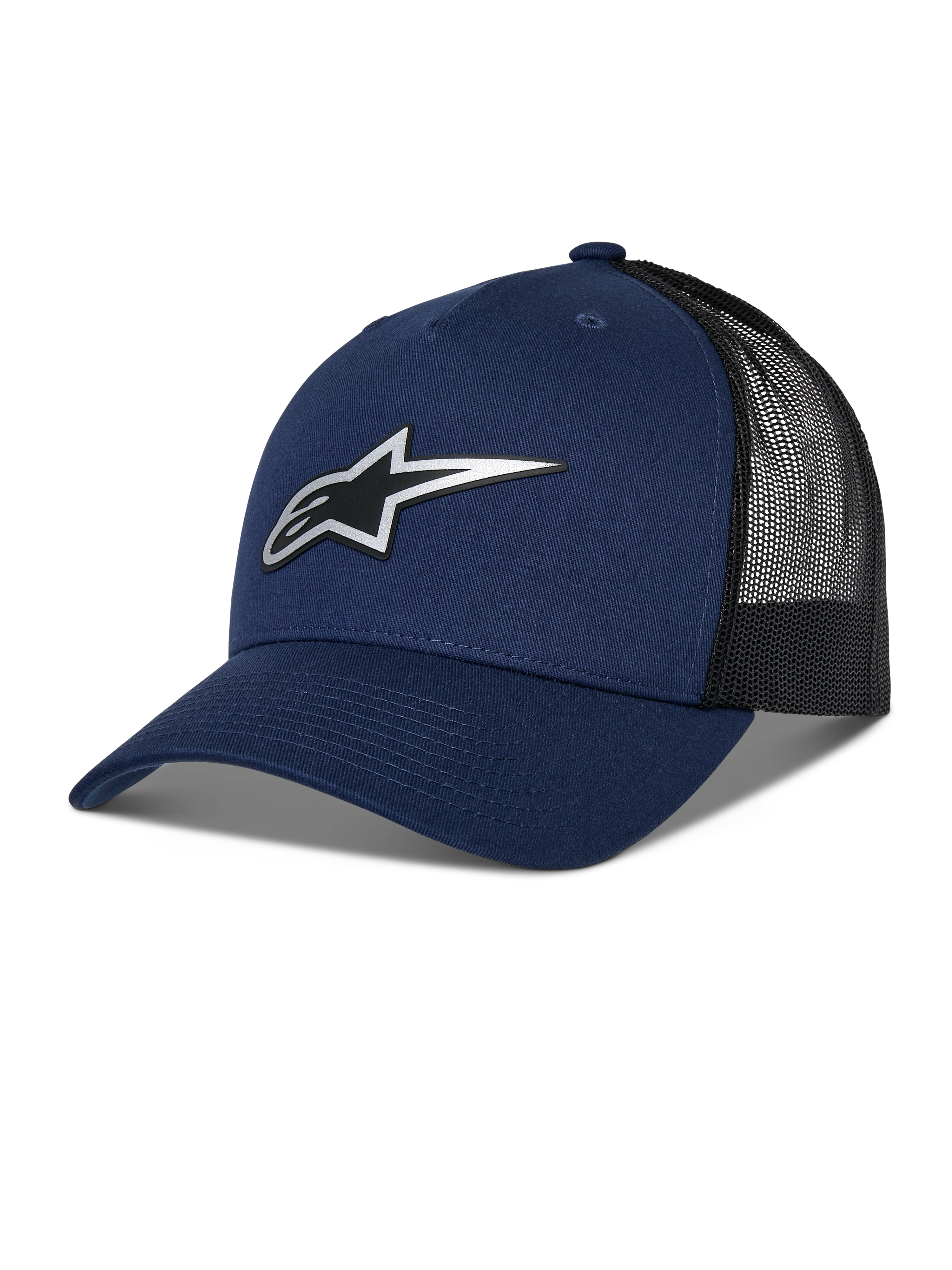 Alpinestars Reflect Ageless Trucker Hat, dunkelblaue und schwarze Trucker-Cap, gebogener Schirm, reflektierendes silbernes Astars-Logo, Mesh-Rücken zur Belüftung, strukturierte Krone, lässiger Motorsport-Stil