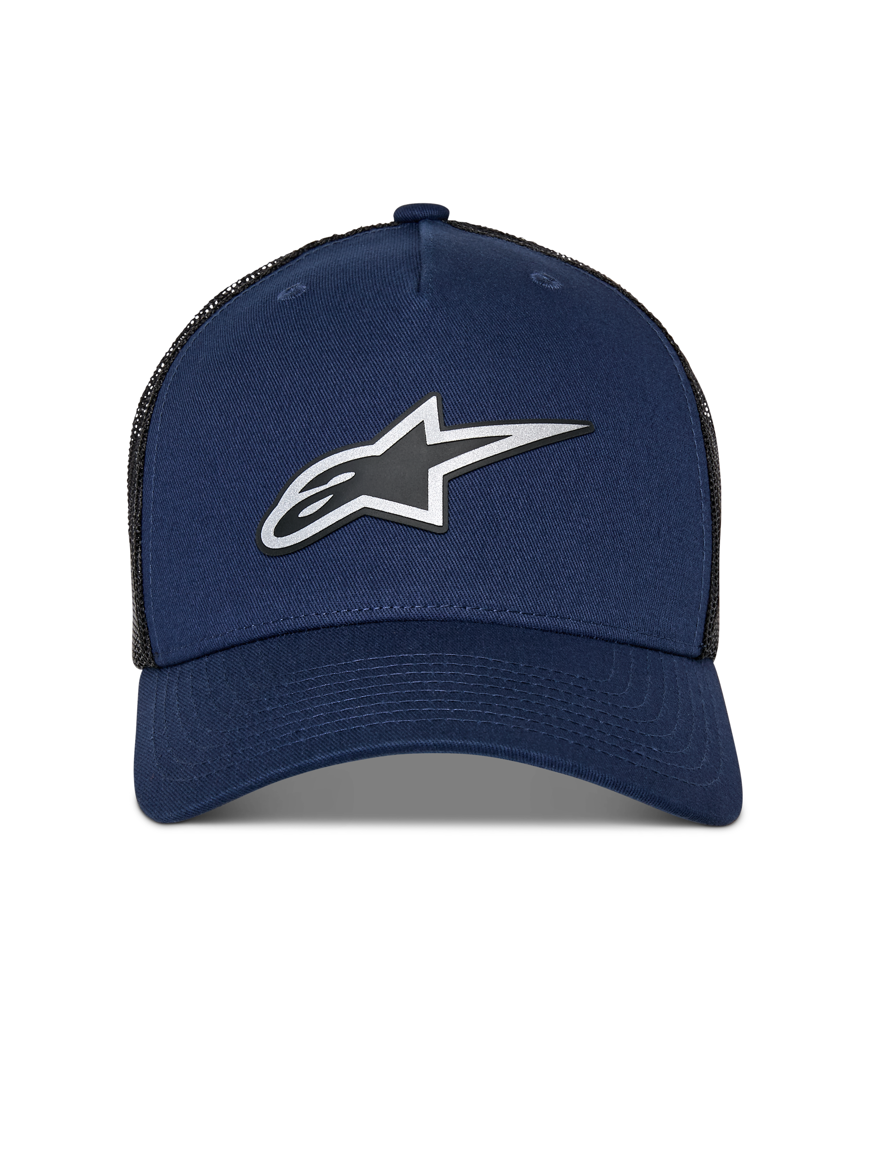 Alpinestars Reflect Ageless Trucker Hat, Marineblau und schwarzes Mesh, reflektierendes HD-Astars-Logo vorne, gebogener Schirm, strukturierte Krone, lässige Motorsport-Kopfbedeckung