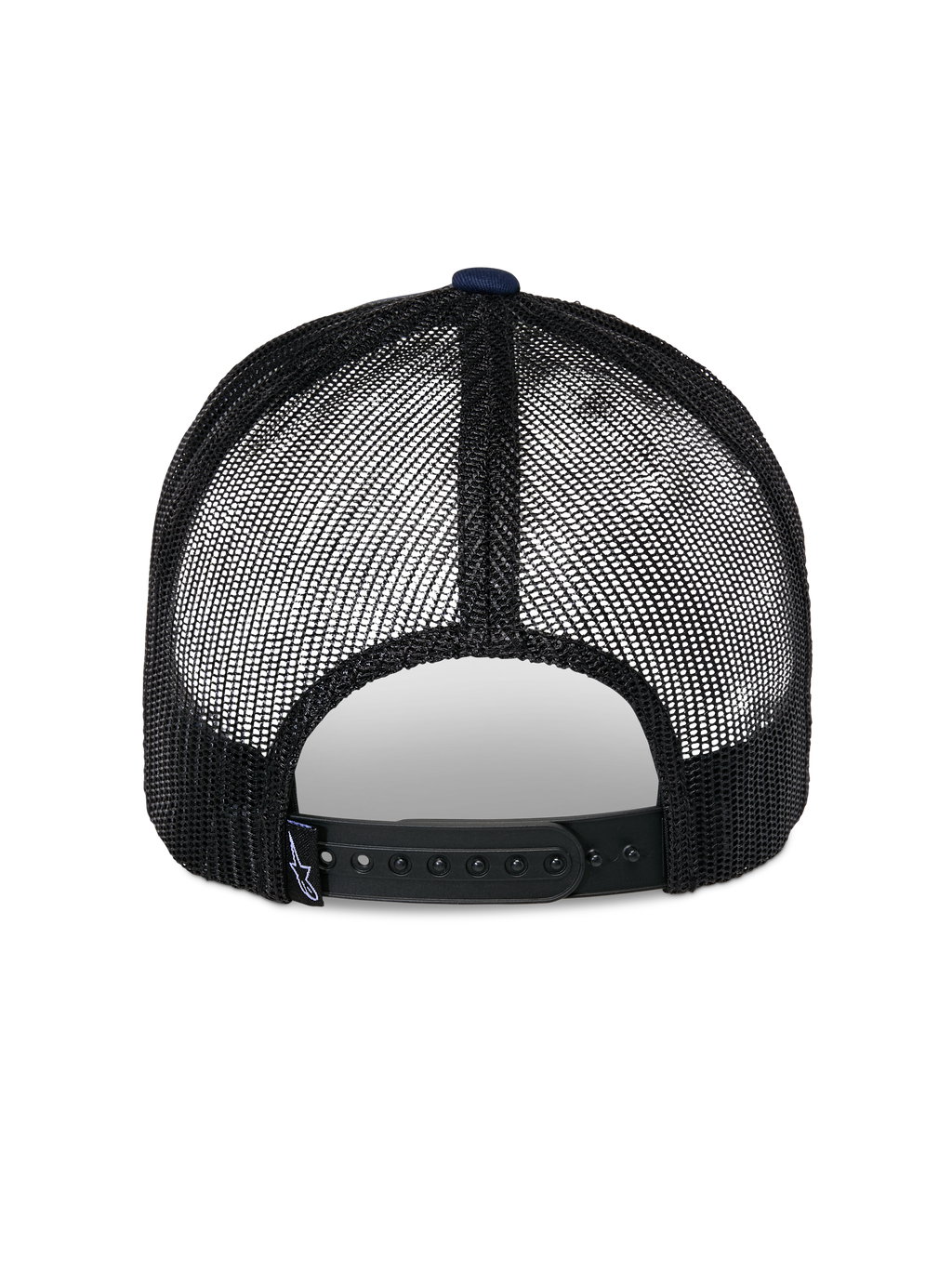 Alpinestars Reflect Ageless Trucker-Mütze, Rückansicht, Navy und Schwarz, atmungsaktive schwarze Mesh-Einsätze, verstellbarer Snapback-Verschluss, lässige Motorsport-Kopfbedeckung