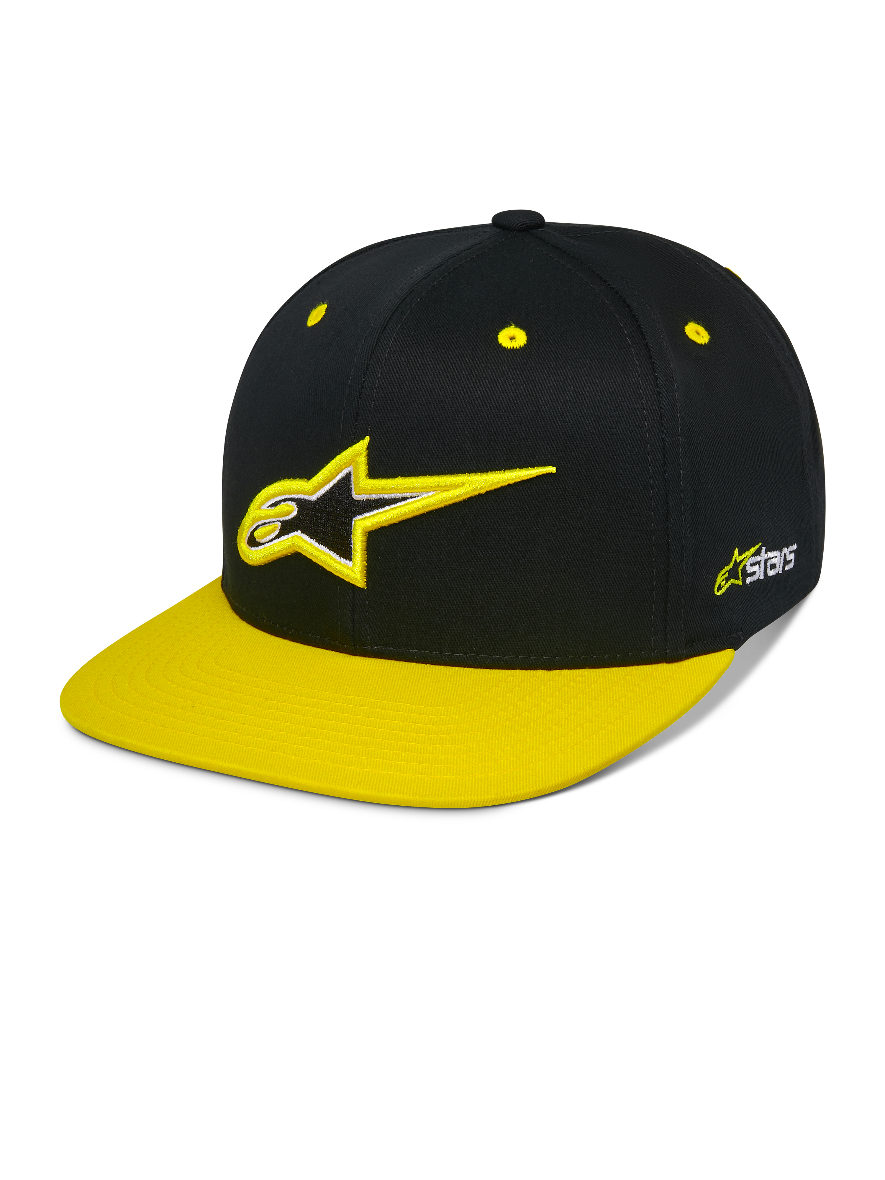 Alpinestars Thickness Snapback Hat, casquette snapback noire et jaune haute visibilité, couronne structurée avec logo Astars brodé en 3D, visière plate jaune, œillets jaunes, couvre-chef de sport mécanique décontracté