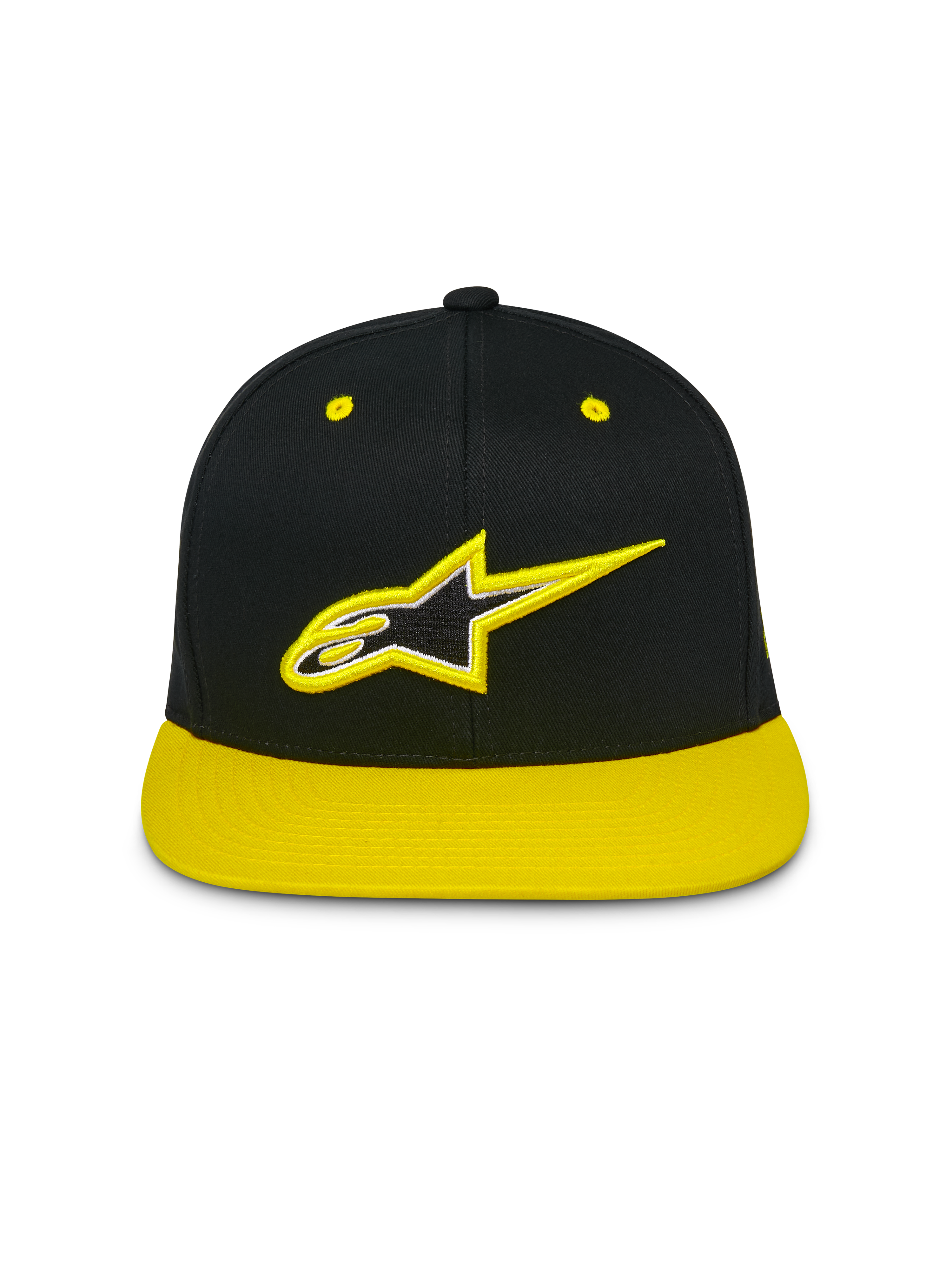 Casquette Alpinestars Thickness Snapback, casquette à visière plate et couronne structurée, noir avec visière et œillets jaune haute visibilité, logo Astars brodé en 3D sur le devant, style streetwear décontracté