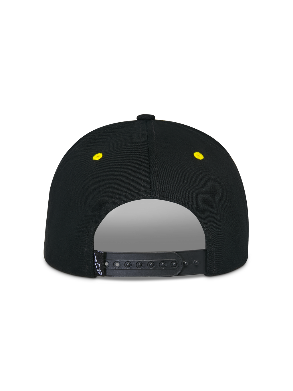 Casquette Snapback Thickness Alpinestars, noir et jaune haute visibilité, vue arrière avec fermeture snapback réglable, œillets brodés jaunes, couronne structurée, casquette de sport mécanique décontractée