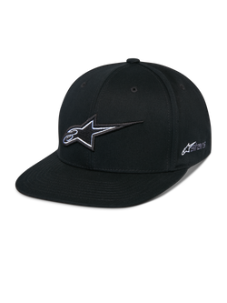 Alpinestars Thickness Snapback Hat, Black Baseball Cap with Flat Brim, White and Gray 3D Embroidered Star Logo, Side Astars Logo, Structured Design with Ventilation Holes, Casual Motorsport Headwear