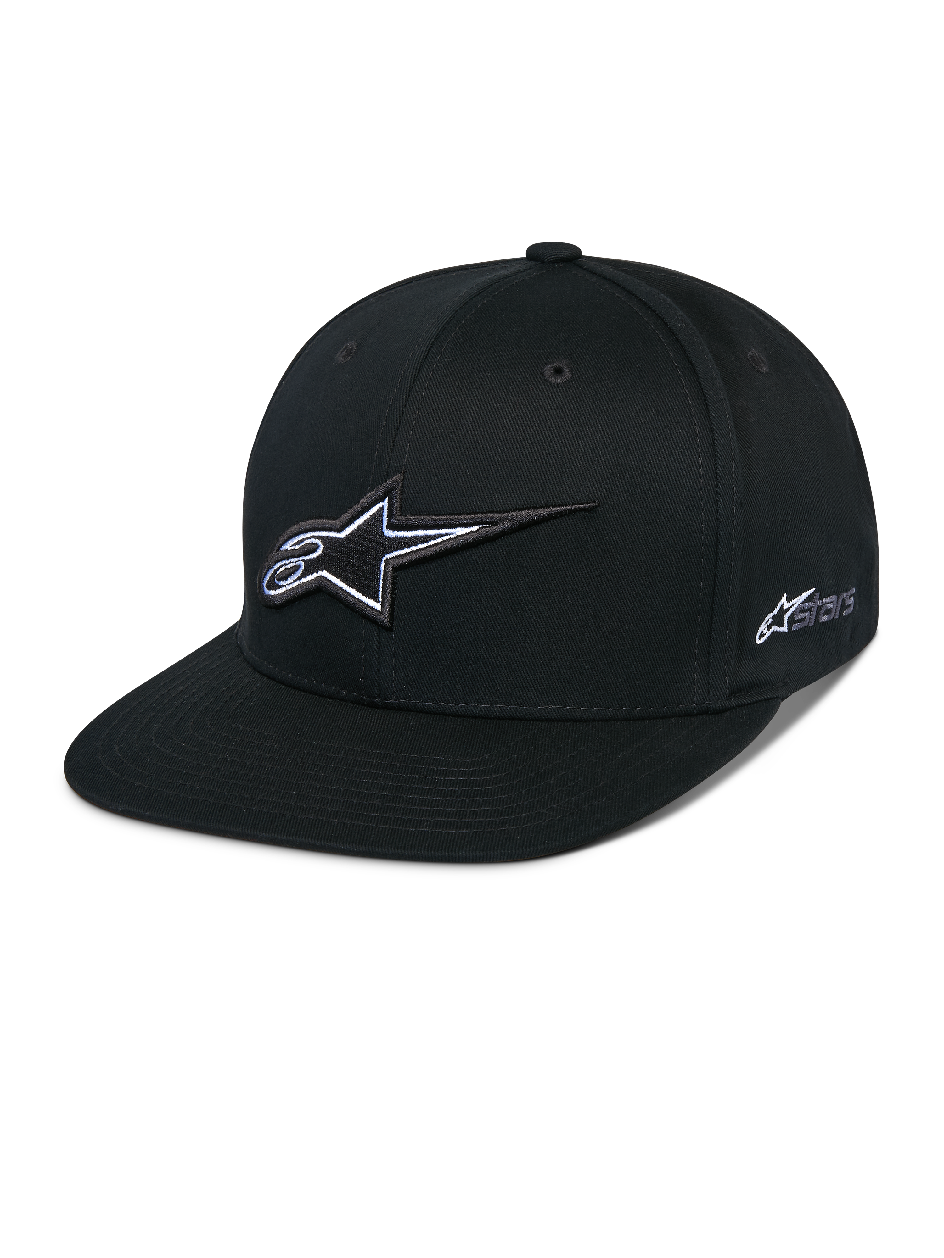 Alpinestars Thickness Snapback Hat, schwarze Baseball-Kappe mit flachem Schirm, weiß-graues 3D-gesticktes Stern-Logo, seitliches Astars-Logo, strukturiertes Design mit Belüftungslöchern, lässige Motorsport-Kopfbedeckung