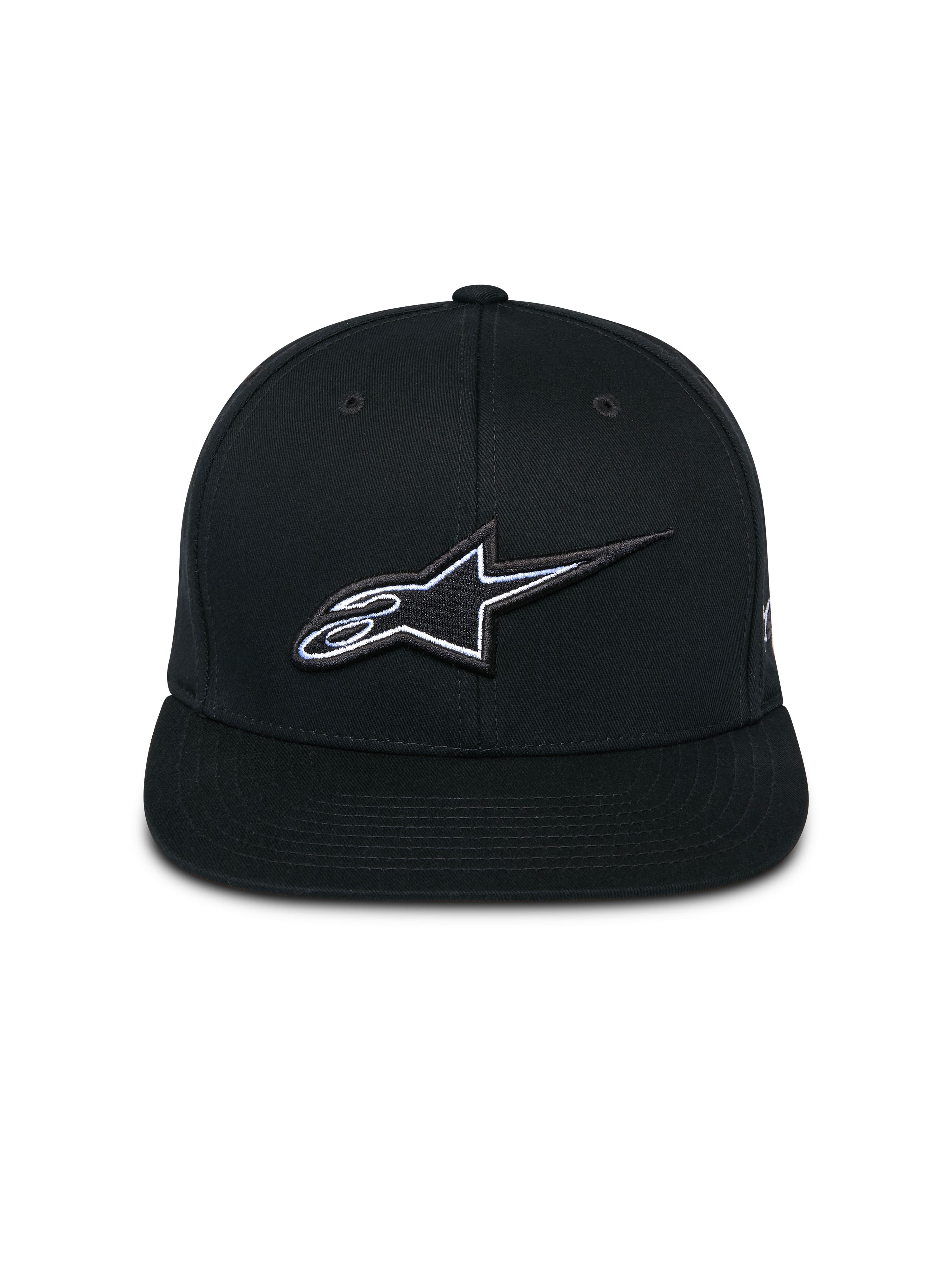 Alpinestars Thickness Snapback Mütze, Schwarz, Vorderansicht mit strukturierter Krone und flachem Schirm, 3D-gesticktes Astars-Logo mit weißen und hellblauen Details, lässige, vom Motorsport inspirierte Streetwear