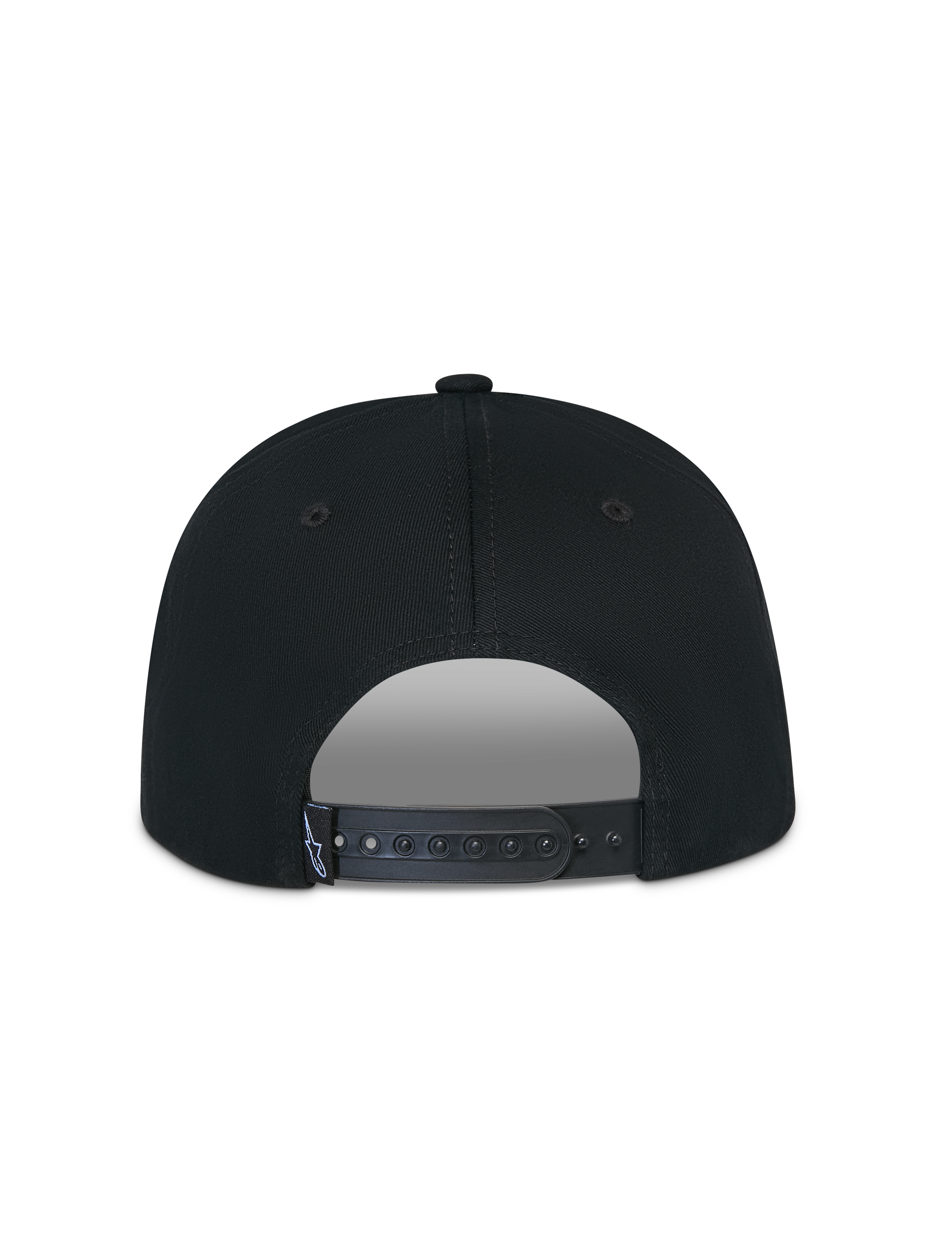 Alpinestars Thickness Snapback Kappe, Schwarz, Rückansicht mit verstellbarem Snapback-Verschluss, schwarzer Kunststoffriemen mit kleinem weißem Astars-Logo-Etikett, strukturierte Krone aus Baumwolltwill, lässige Sportbekleidung