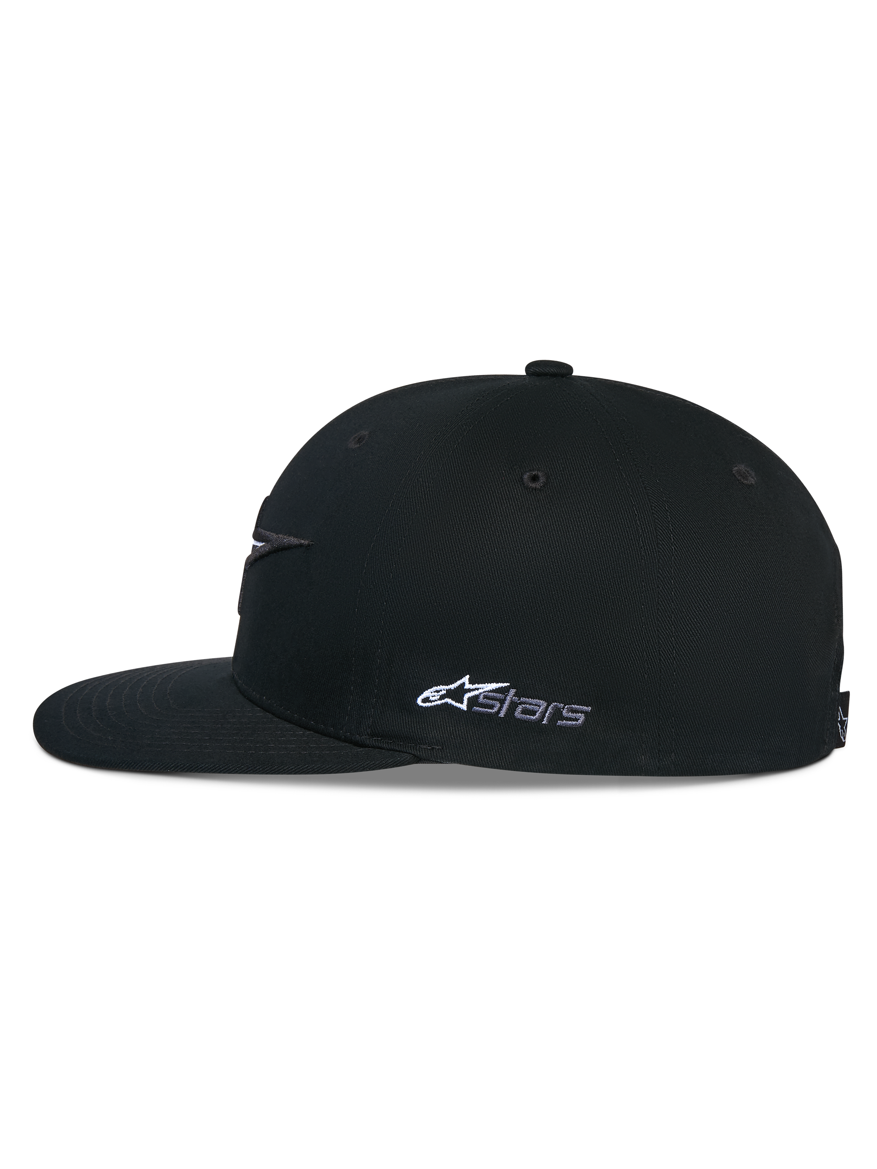 Alpinestars Thickness Snapback Mütze, Schwarz, Seitenansicht mit strukturierter Krone und flachem Schirm, weiße Astars-Logo-Stickerei an der Seite, lässige, vom Motorsport inspirierte Kopfbedeckung