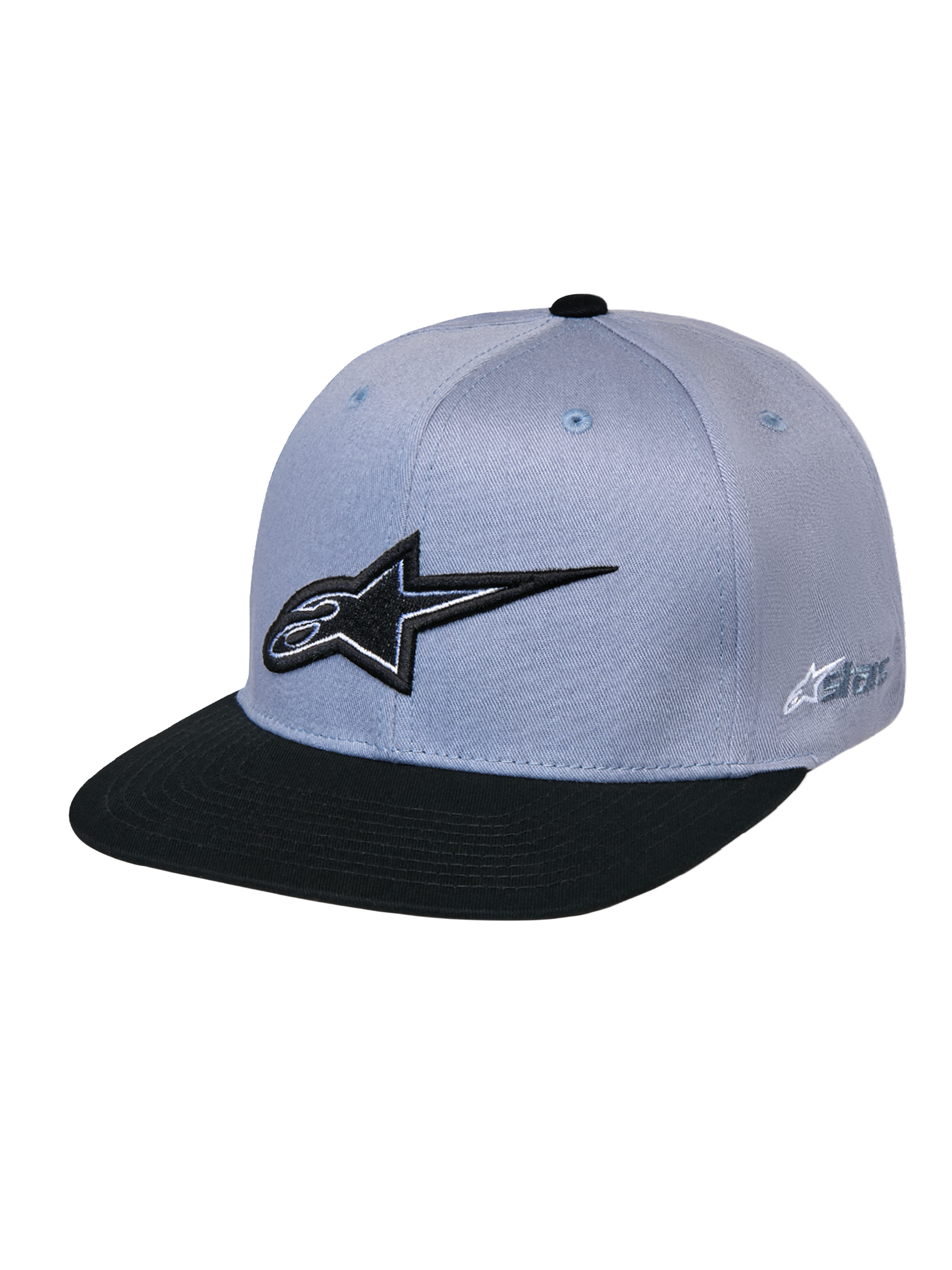 Alpinestars Thickness Snapback pet, grijs en zwart, met een gestructureerde kroon en platte klep, zwart 3D-geborduurd Astars-logo op de voorkant, logo aan de zijkant, casual op motorsport geïnspireerde hoofdbedekking