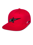 Casquette Snapback Alpinestars Thickness, casquette de baseball rouge à visière plate, logo Astars brodé en 3D noir et blanc, couronne structurée avec œillets rouges assortis, style streetwear décontracté motorsport