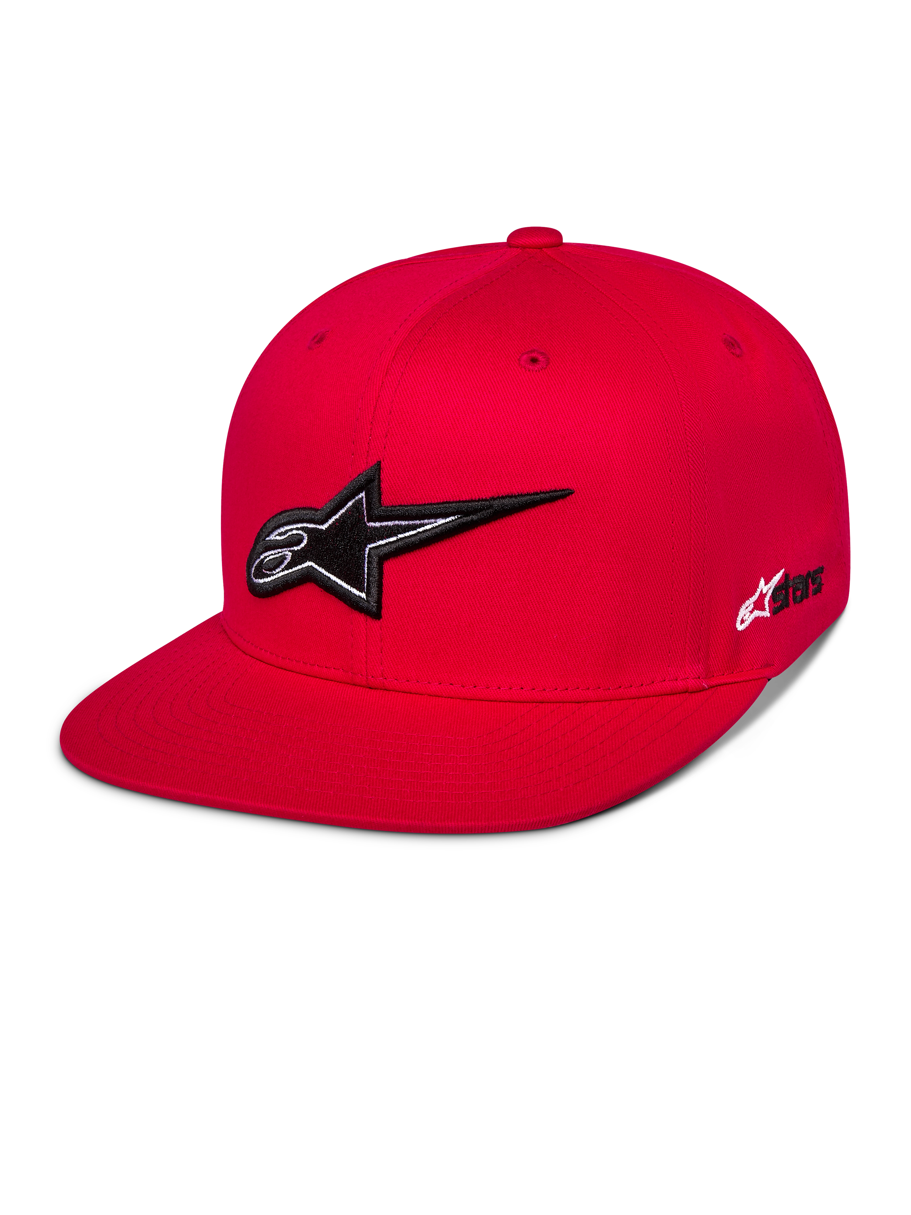 Casquette Snapback Alpinestars Thickness, casquette de baseball rouge à visière plate, logo Astars brodé en 3D noir et blanc, couronne structurée avec œillets rouges assortis, style streetwear décontracté motorsport
