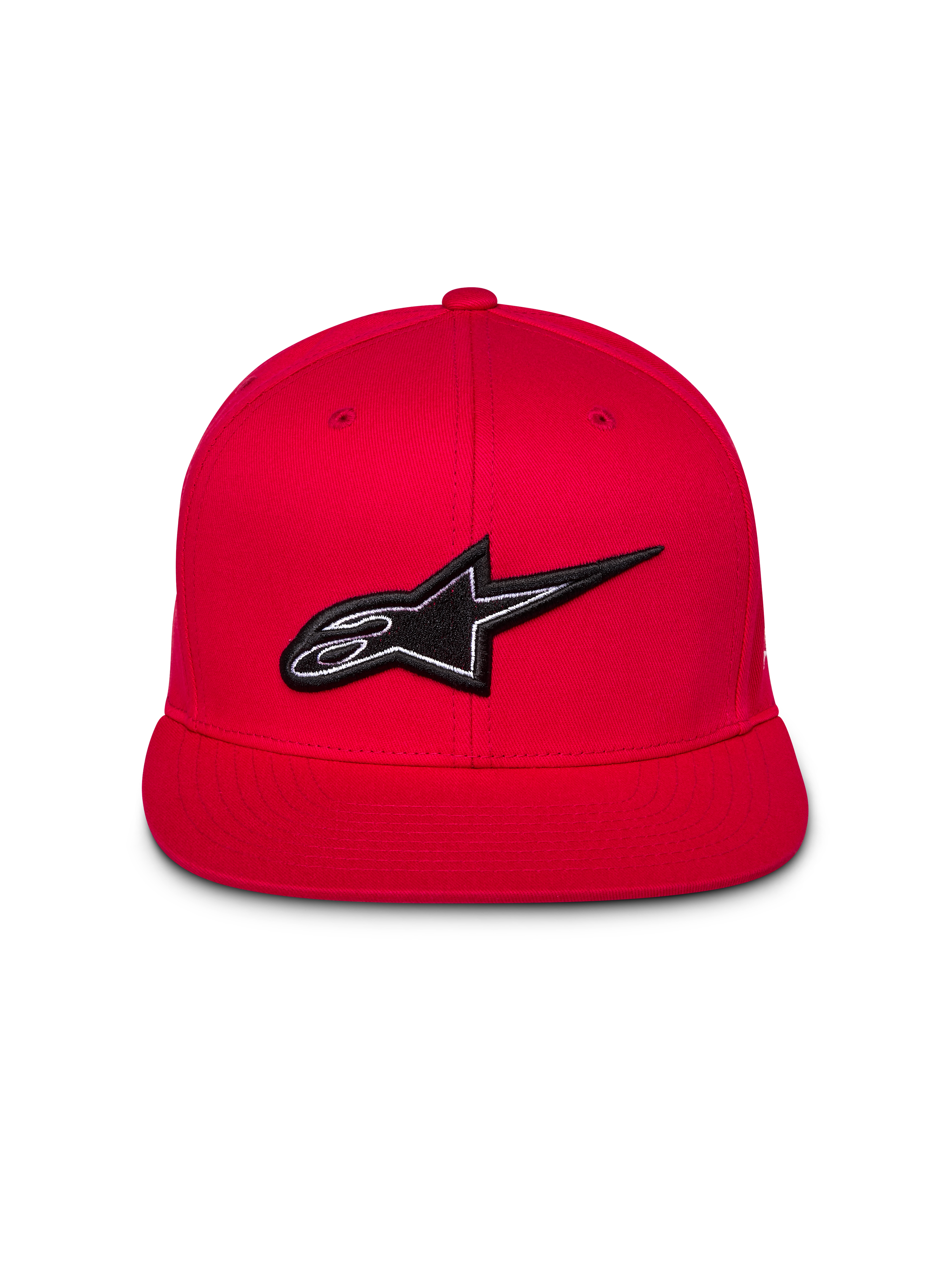 Casquette Snapback Thickness Alpinestars, rouge, vue de face avec logo Astars noir et blanc brodé en 3D, visière plate, couronne structurée, style streetwear décontracté