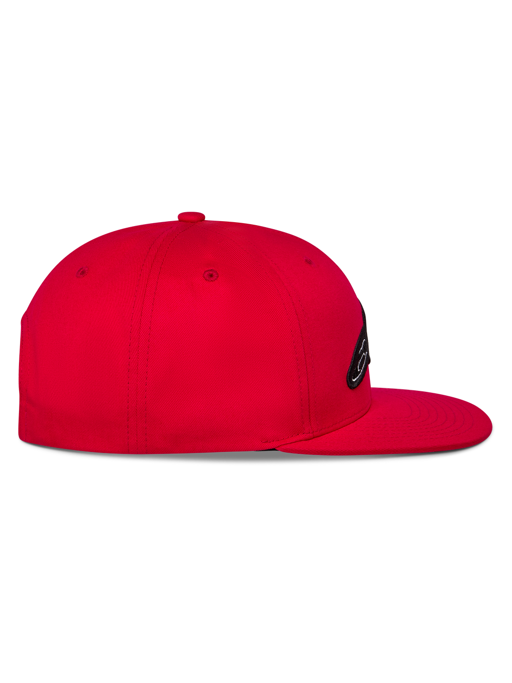 Casquette Snapback Thickness Alpinestars, rouge, vue de profil montrant la visière plate et la couronne structurée, logo brodé à l'avant, couvre-chef décontracté d'inspiration sport automobile