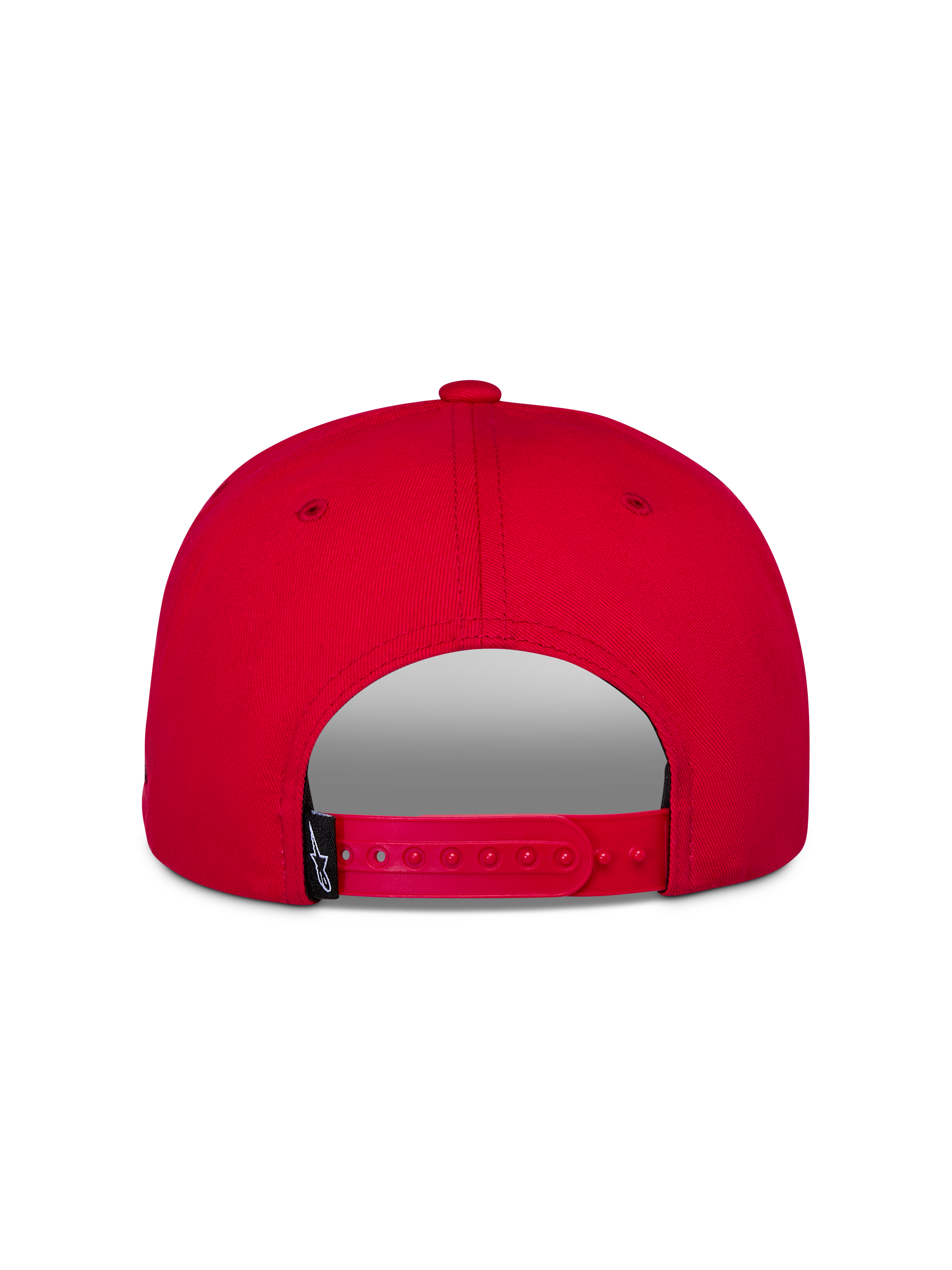 Casquette Snapback Thickness Alpinestars, rouge, vue arrière montrant la fermeture snapback réglable, couronne structurée, tissu en sergé rouge, petite étiquette de marque noire