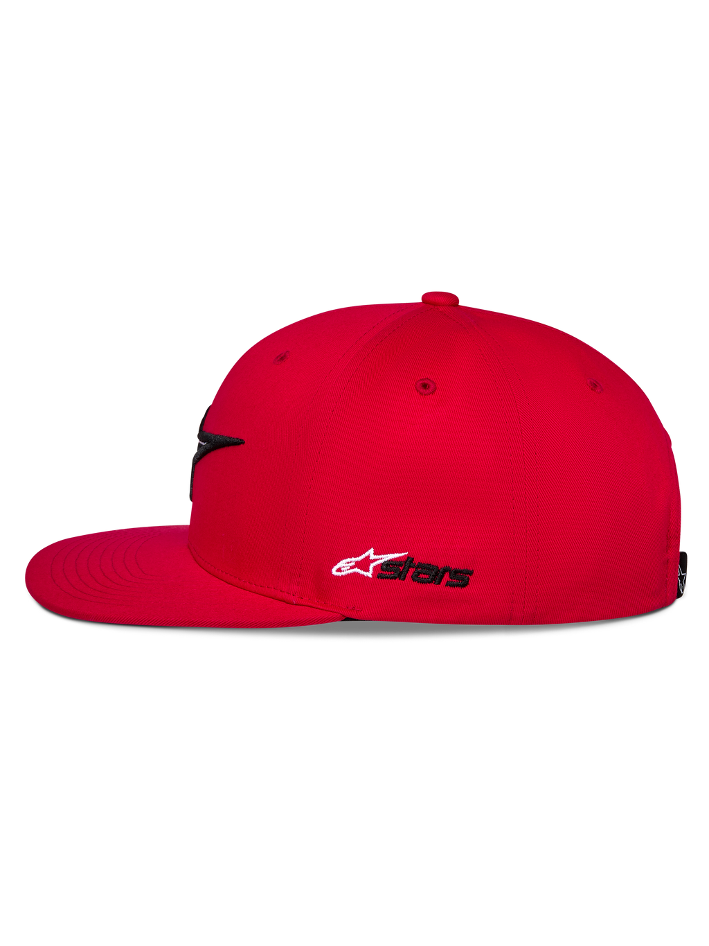 Casquette Snapback Thickness Alpinestars, rouge, vue de profil, visière plate et couronne structurée, broderie Astars latérale blanche et noire, couvre-chef décontracté inspiré du sport automobile