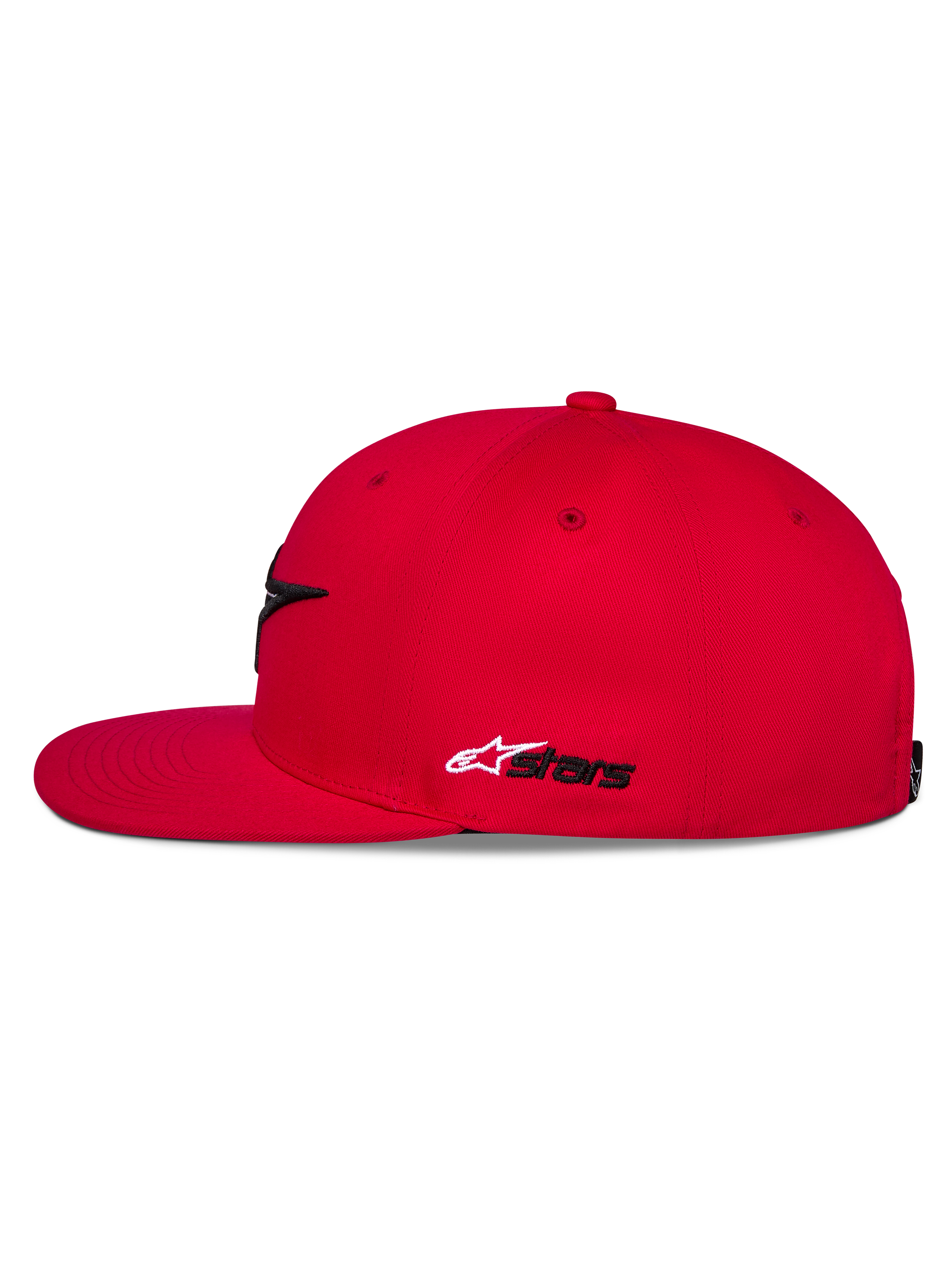 Casquette Snapback Thickness Alpinestars, rouge, vue de profil, visière plate et couronne structurée, broderie Astars latérale blanche et noire, couvre-chef décontracté inspiré du sport automobile