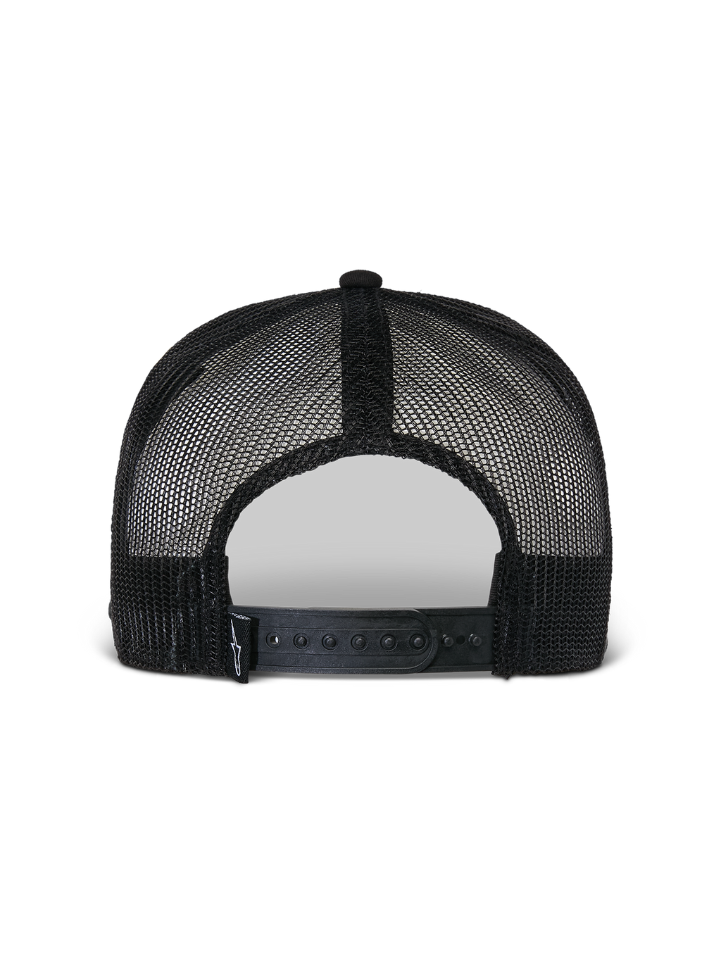 Alpinestars Flag Flat Trucker pet, zwart, achteraanzicht met ademende poly mesh constructie, verstelbare snapback-sluiting en klein geweven logo detail, casual motorsport hoofdbedekking