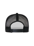Alpinestars Flag Flat Trucker pet, zwart, achteraanzicht met ademende poly mesh constructie, verstelbare snapback-sluiting en klein geweven logo detail, casual motorsport hoofdbedekking