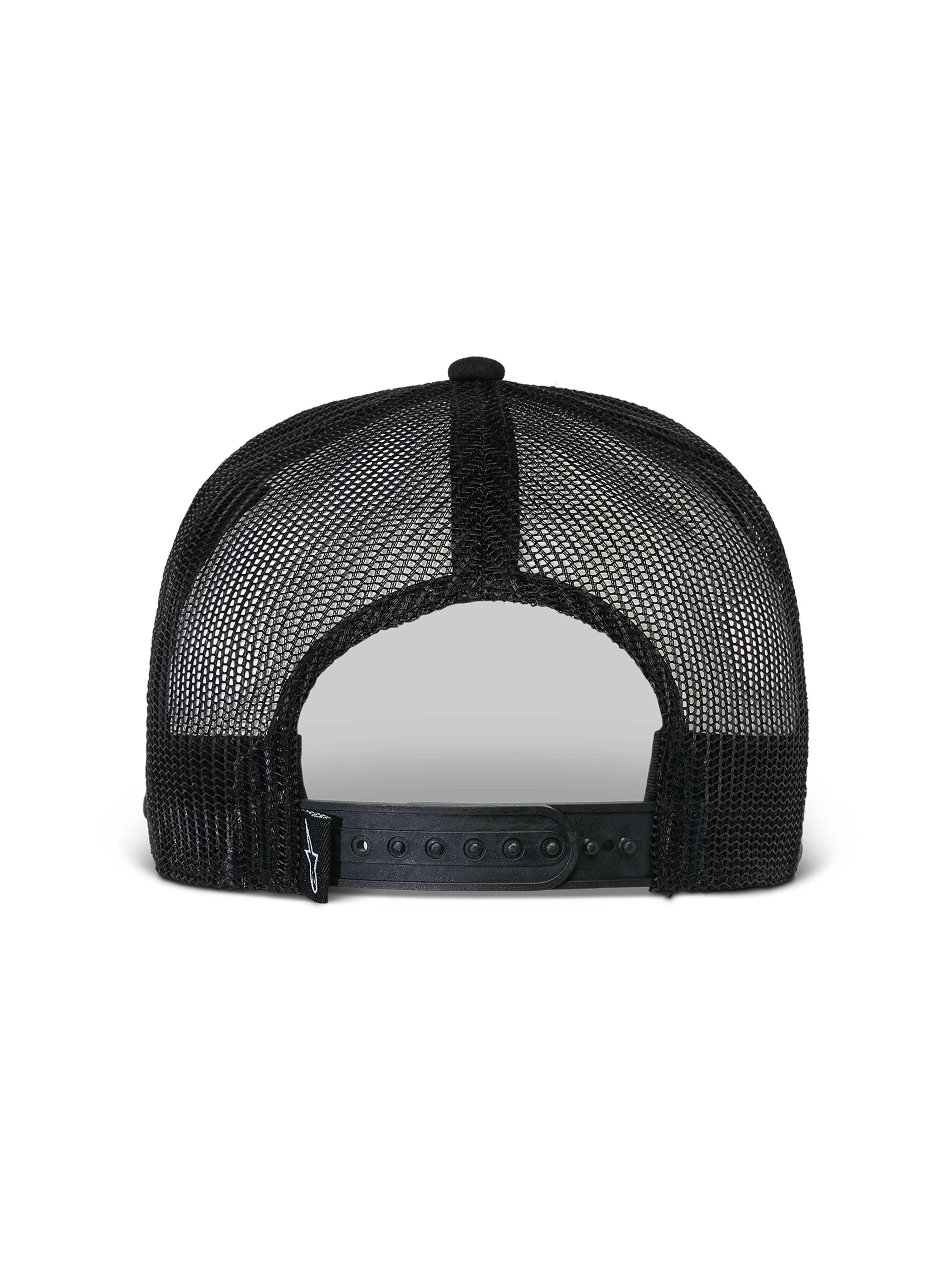 Alpinestars Flag Flat Trucker pet, zwart, achteraanzicht met ademende poly mesh constructie, verstelbare snapback-sluiting en klein geweven logo detail, casual motorsport hoofdbedekking