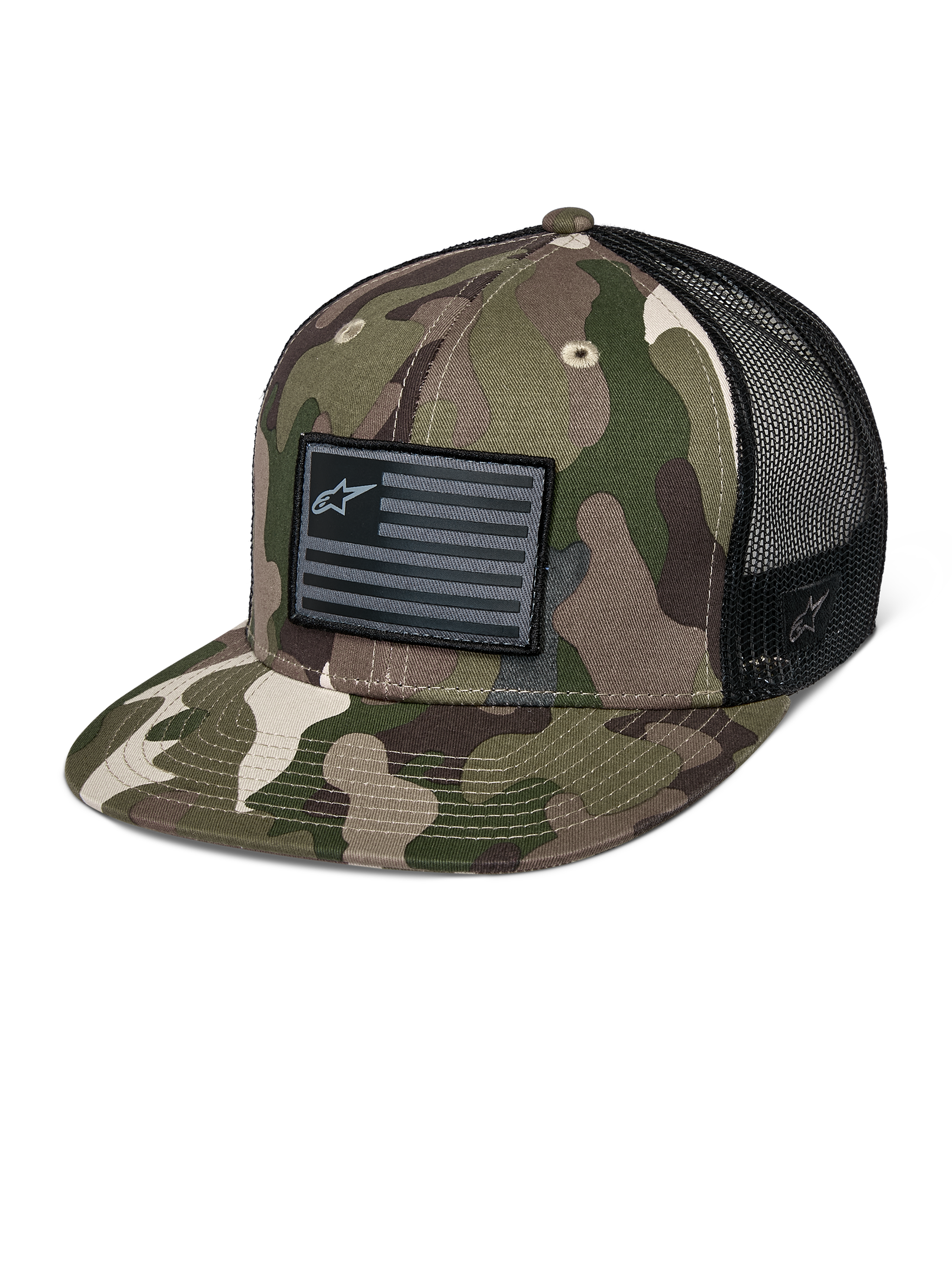 Alpinestars Flag Flat Trucker-Kappe, grünes Camouflage und Schwarz, Trucker-Cap mit flachem Schirm und atmungsaktiver Mesh-Rückseite, strukturierte Krone mit schwarzem Logo-Patch im Flaggen-Stil, lässige Motorsport-Kopfbedeckung.