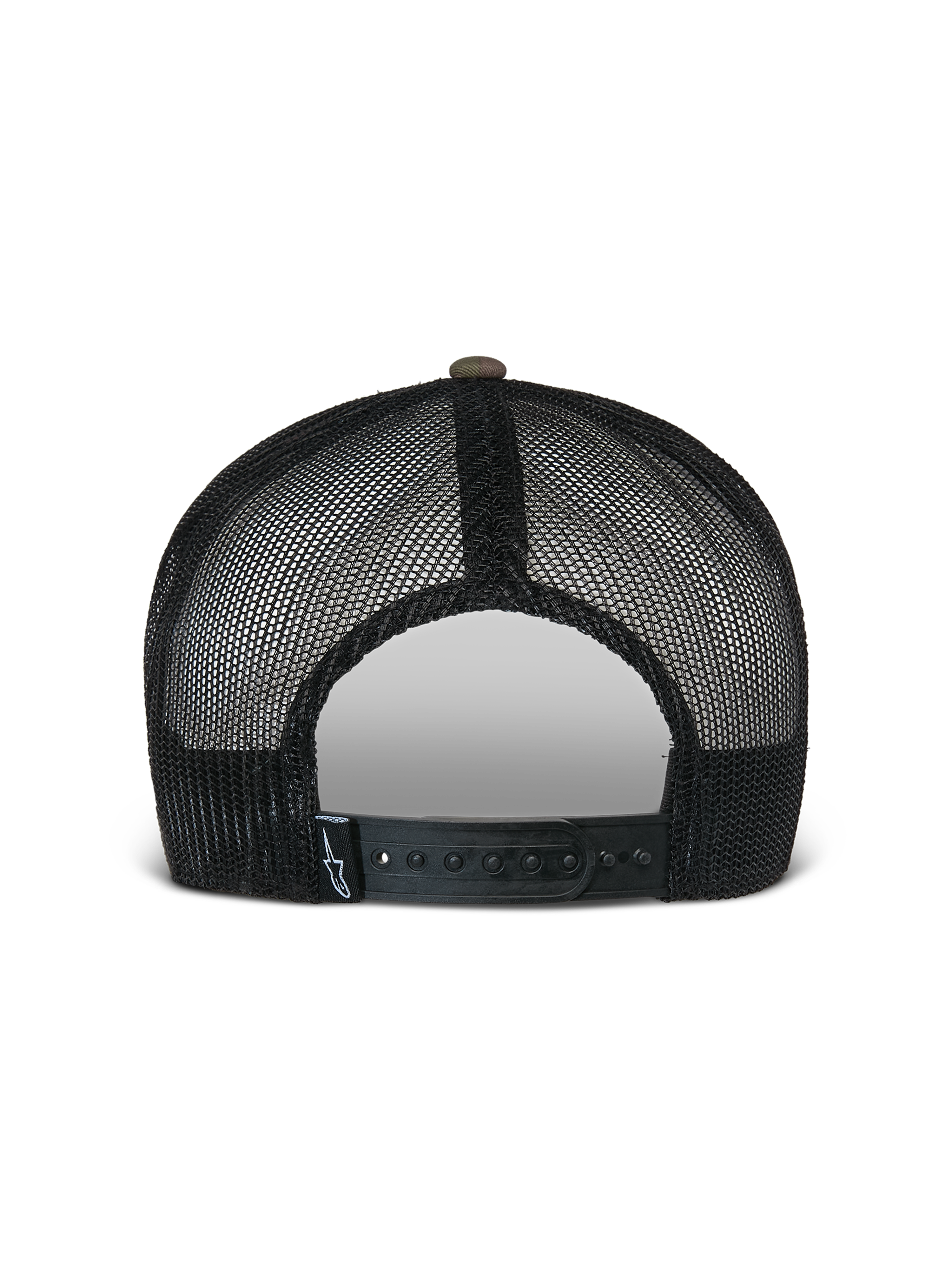 Alpinestars Flag Flat Trucker Pet, Green Camo en zwart, achteraanzicht met ademende zwarte mesh-panelen en een verstelbare snapback-sluiting met een klein logo-label, casual motorsport-geïnspireerde hoofdbedekking