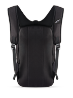 Alpinestars Defcon V3 Backpack, Black, rear view showing padded back panel and breathable air mesh shoulder straps, small white Alpinestars logo on the strap, durable 600D polyester construction for daily use.