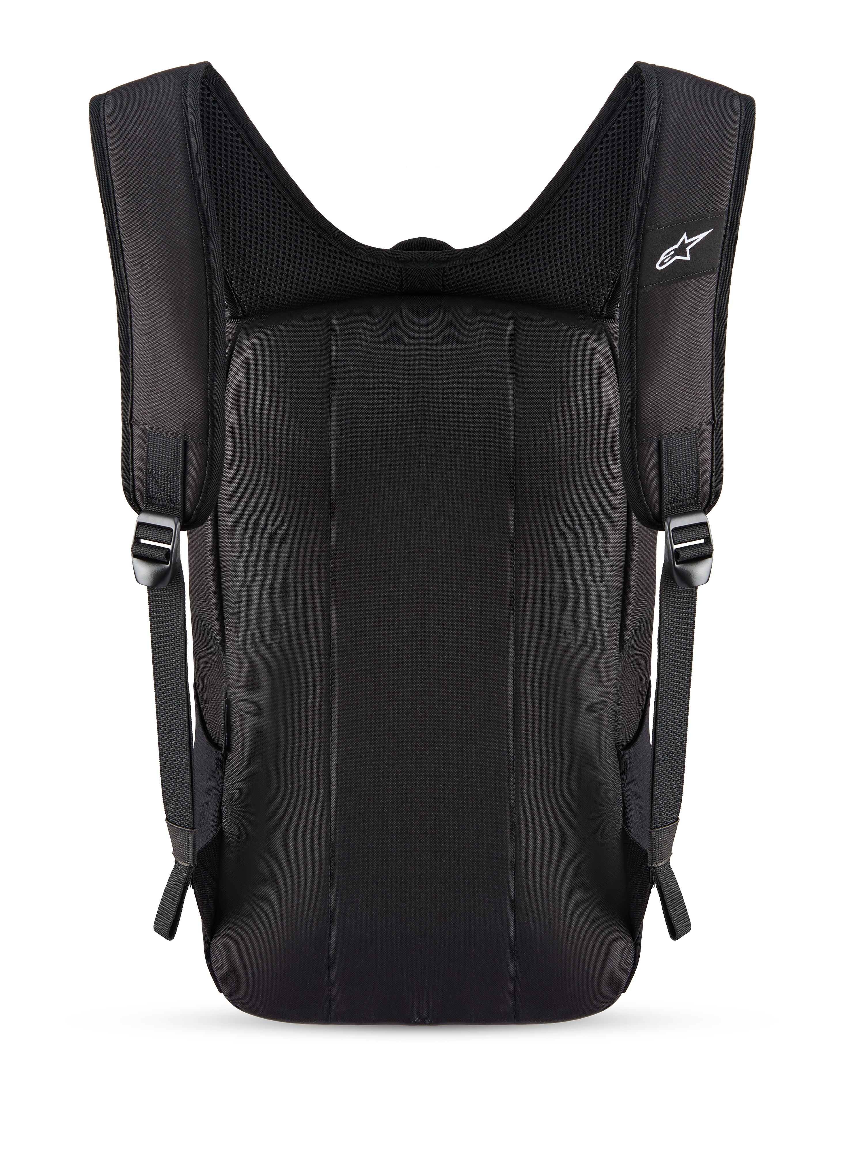 Alpinestars Defcon V3 Backpack, Black, rear view showing padded back panel and breathable air mesh shoulder straps, small white Alpinestars logo on the strap, durable 600D polyester construction for daily use.
