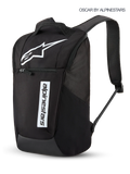 Alpinestars Defcon V3 Backpack, 13.6L Sportswear Daily Backpack in Black and White, featuring printed Astars logo and branding, front zippered pocket, and padded shoulder straps.
