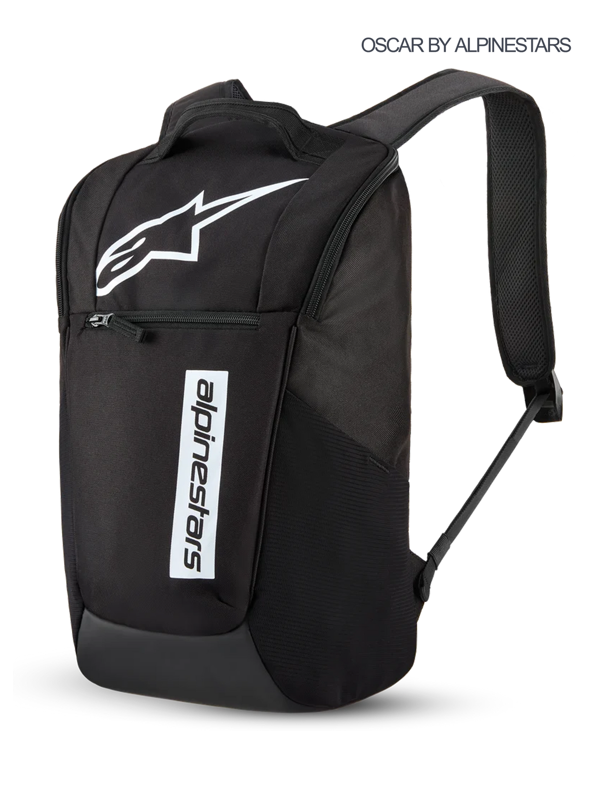 Alpinestars Defcon V3 Backpack, 13.6L Sportswear Daily Backpack in Black and White, featuring printed Astars logo and branding, front zippered pocket, and padded shoulder straps.