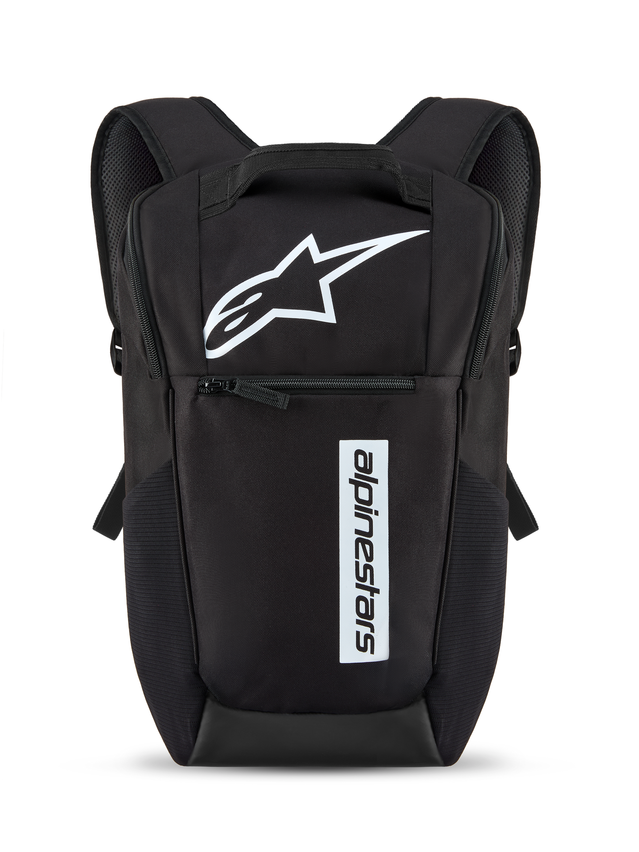 Alpinestars Defcon V3 Rucksack, Schwarz und Weiß, kleiner Tagesrucksack mit weißem Stern-Logo und vertikalem Markenschriftzug, Frontreißverschlusstasche, gepolsterte Schultergurte, strapazierfähiges 600D-Polyester-Material