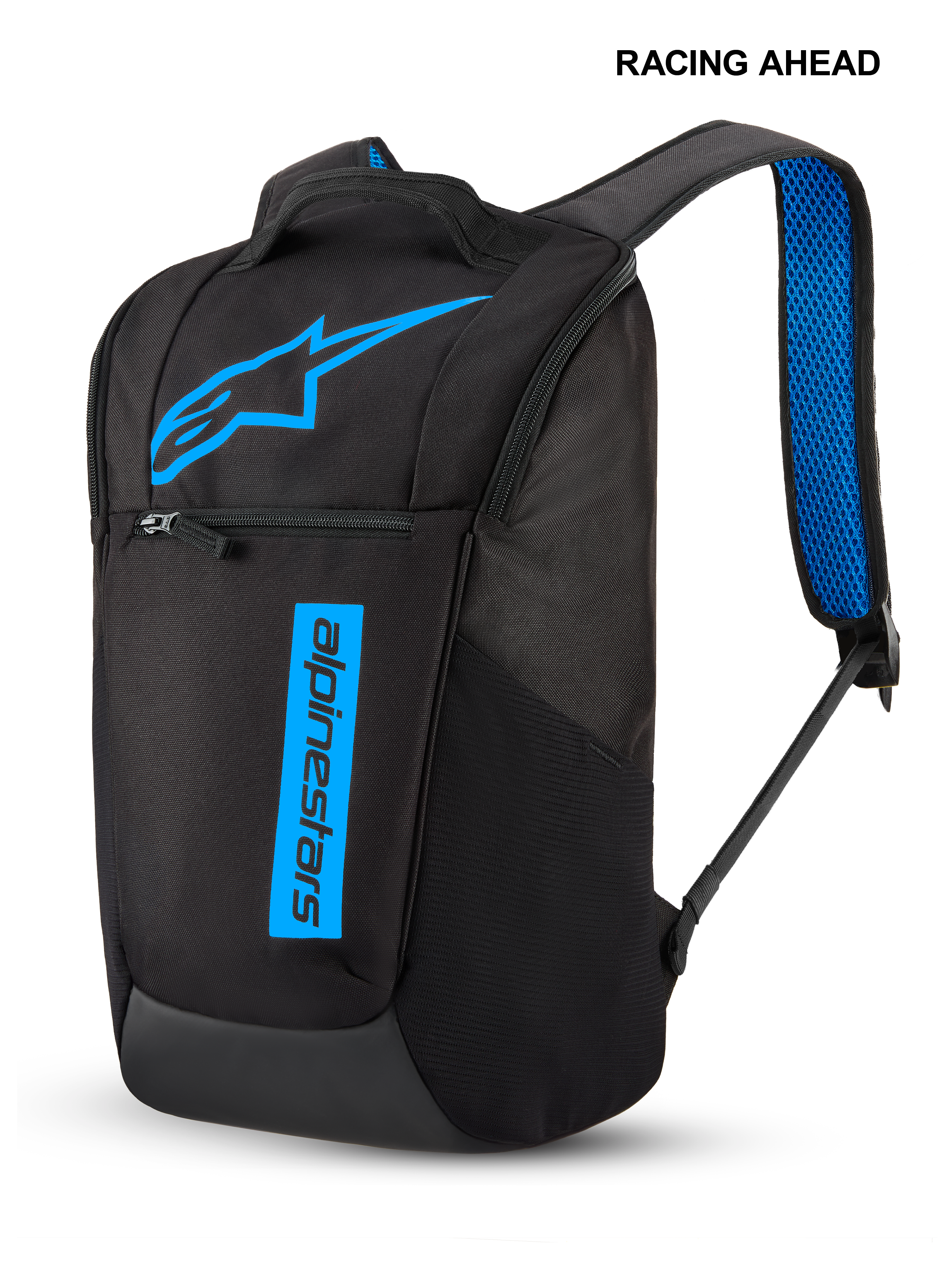 Alpinestars Defcon V3 Rucksack, kleiner Tagesrucksack, Schwarz und Blau, mit leuchtend blauem Stern-Logo und vertikalem Text-Branding, Frontreißverschlusstasche und blauen, gepolsterten Air-Mesh-Schultergurten, strapazierfähiges Sportbekleidungs-Design