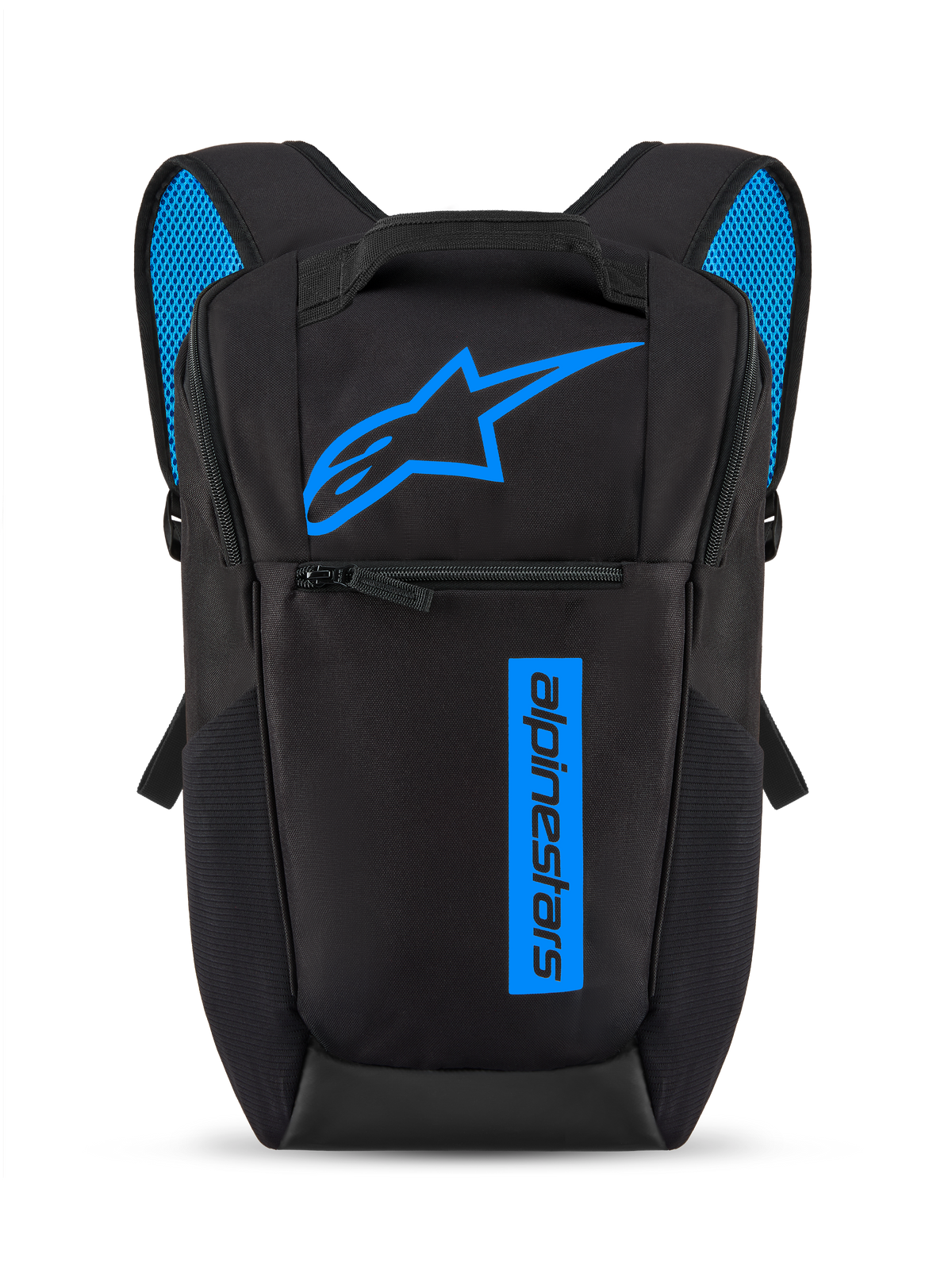 Alpinestars Defcon V3 Rucksack, Schwarz und Blau, kleiner Tagesrucksack mit leuchtend blauem Astars-Logo und vertikalem Branding, Fronttasche mit Reißverschluss, gepolsterte Schultergurte mit blauem Air-Mesh, strapazierfähiges 600D-Polyester-Material