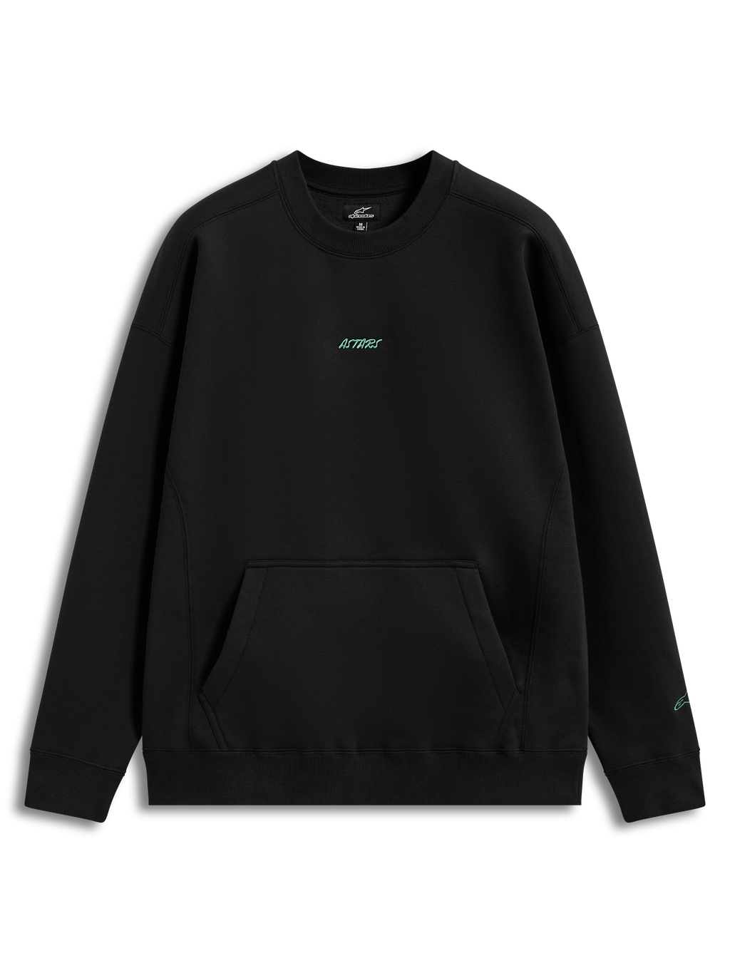 Alpinestars Guise Oversized Crew, sweat-shirt en polaire noir, coupe ample, logo Astars bleu sarcelle et poche kangourou.