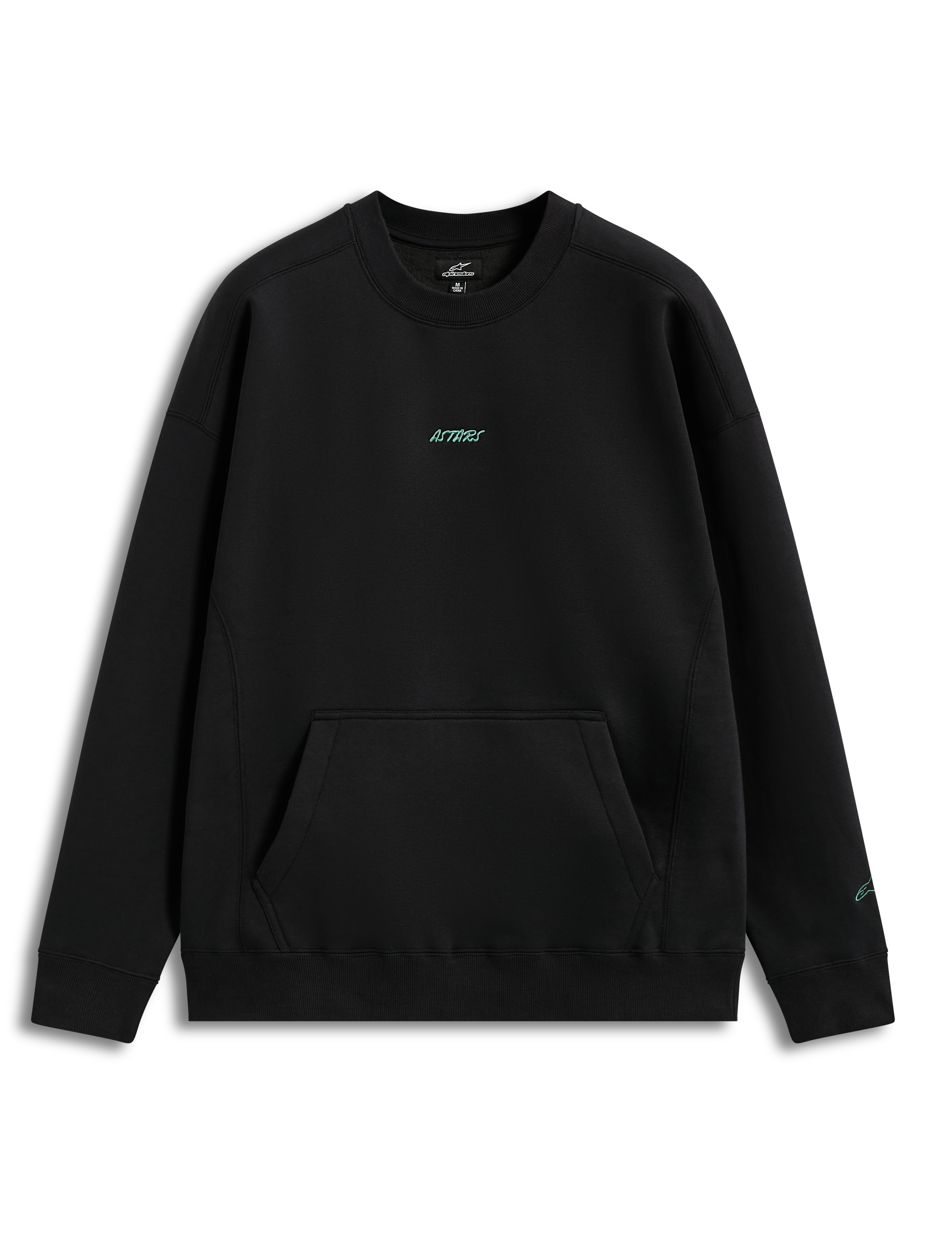Alpinestars Guise Oversized Crew, sweat-shirt en polaire noir, coupe ample, logo Astars bleu sarcelle et poche kangourou.