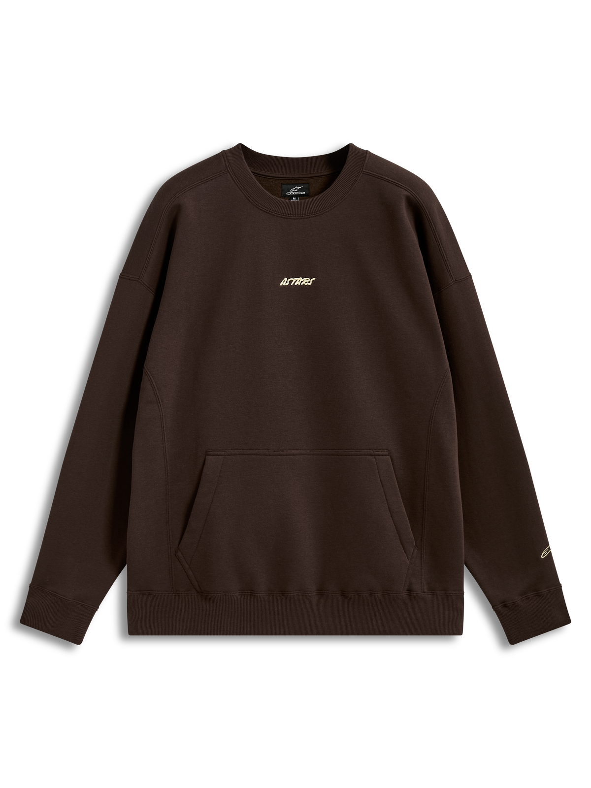 Alpinestars Guise Oversized Crew, Brown Sportswear Fleece Pullover, Unisex, featuring a kangaroo pocket and embroidered logo.