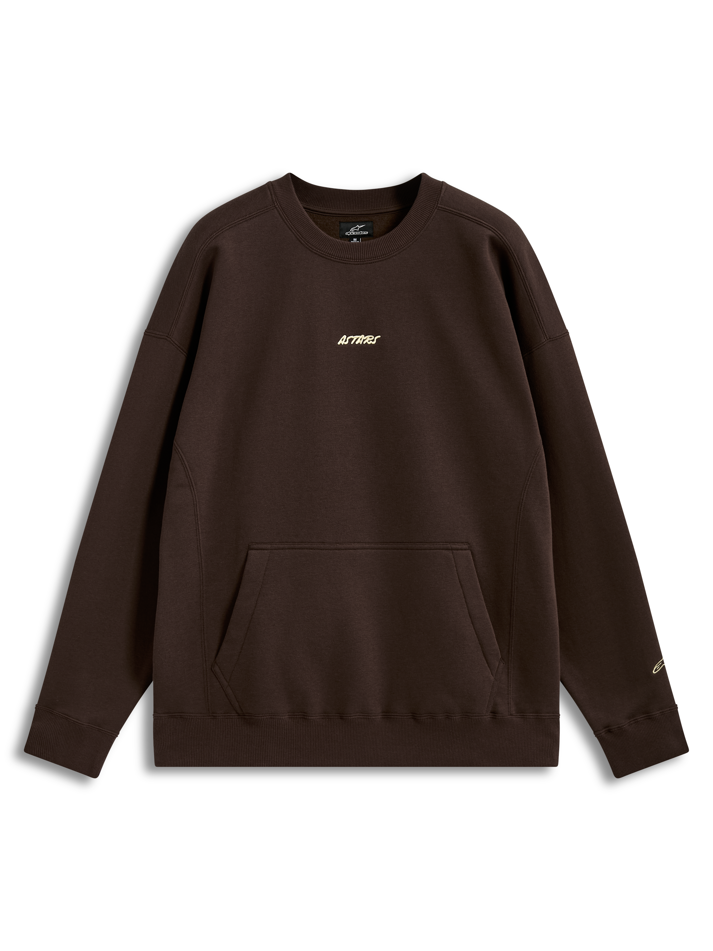 Alpinestars Guise Oversized Crew, Brown Sportswear Fleece Pullover, Unisex, featuring a kangaroo pocket and embroidered logo.