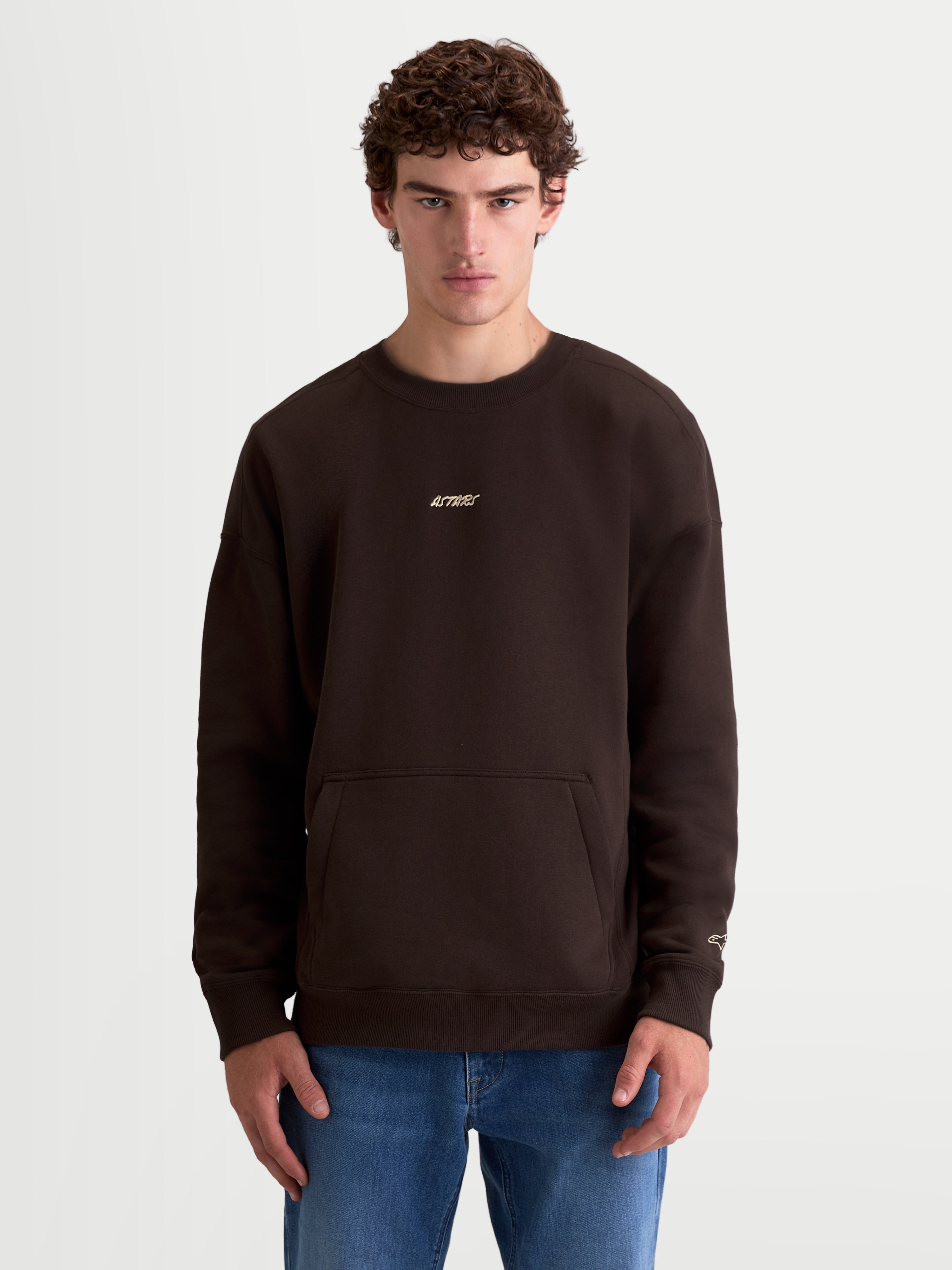 Alpinestars Guise Oversized Crew, Sportswear Fleece Pullover for everyday lifestyle, Unisex relaxed fit shown on model, Brown, Cotton and Recycled Polyester, featuring a kangaroo pocket and embroidered Alpinestars logo branding on chest and sleeve for a premium motorsport-inspired look.