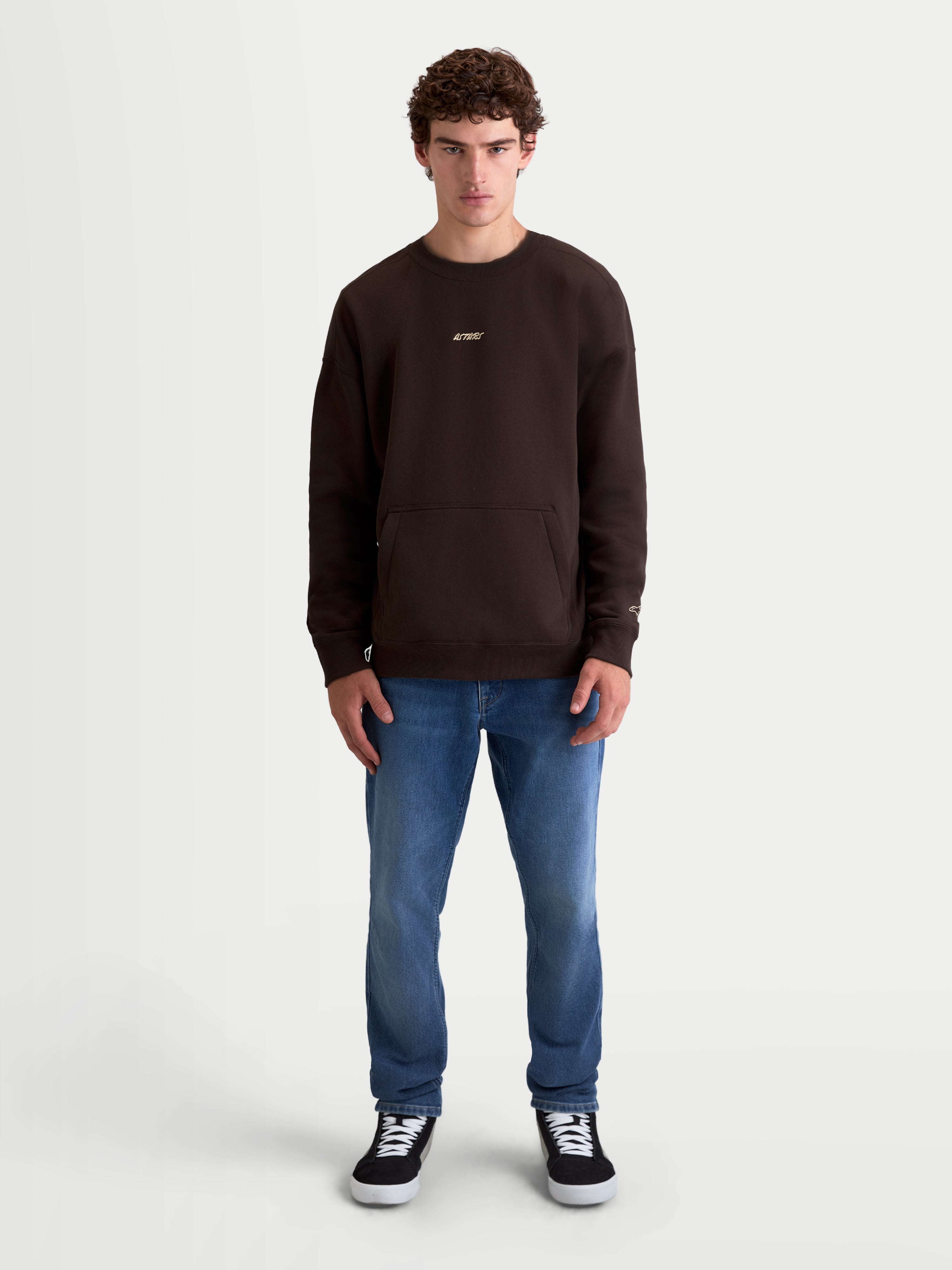 Alpinestars Guise Oversized Crew, Men's Sportswear Pullover, Brown, featuring an oversized fit with a kangaroo pocket and embroidered Astars logo, relaxed lifestyle sweatshirt for everyday comfort.