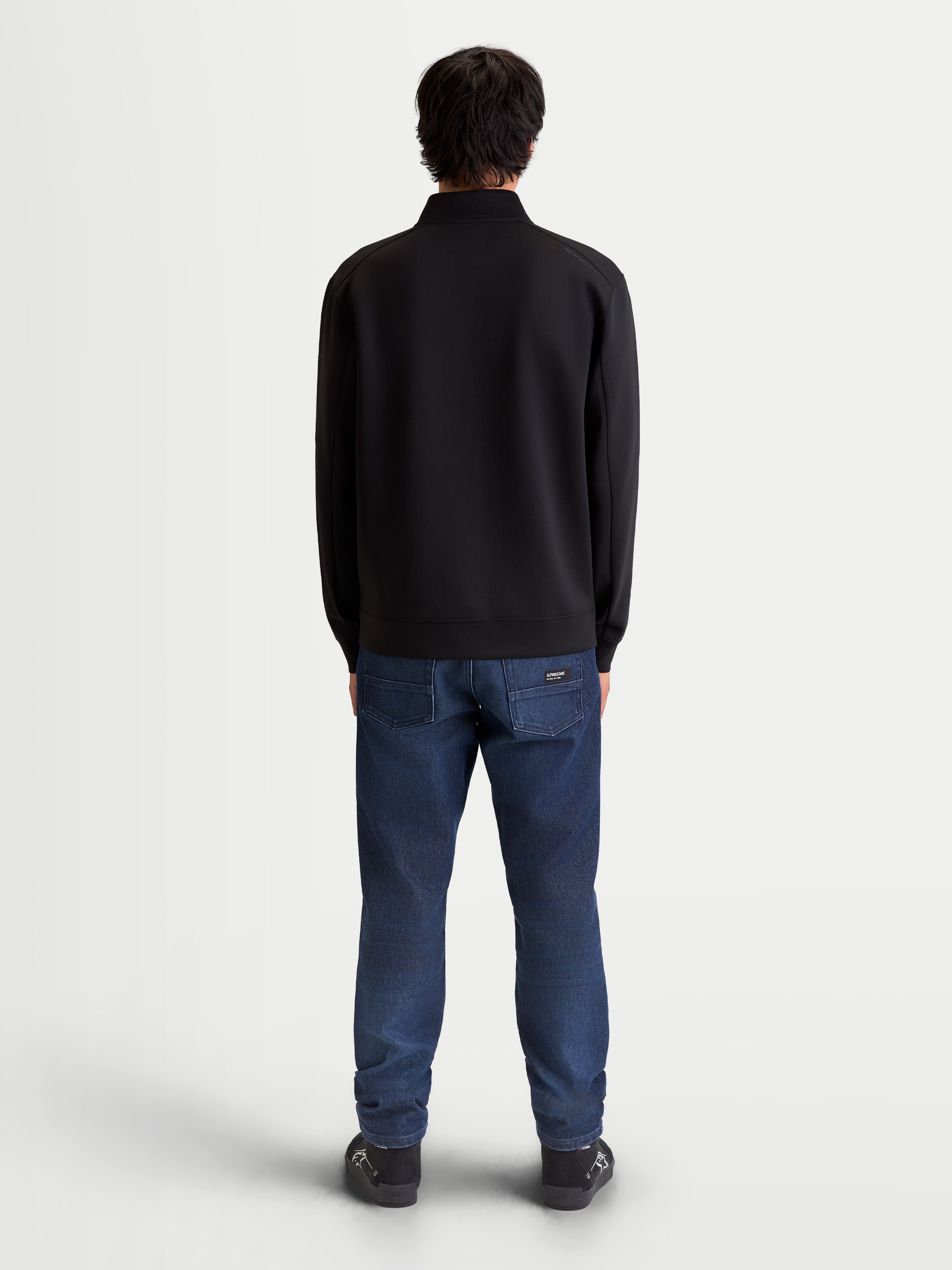 Alpinestars Sweat Half-Zip Apera, pull sportswear pour homme, noir, vue de dos, confection en polaire double face tri-mélange avec logo HD ton sur ton sur l'épaule, style décontracté inspiré du sport automobile