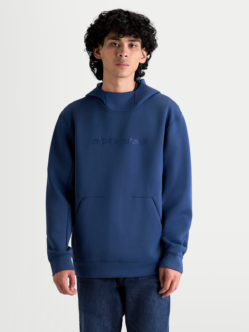 Alpinestars sweat à capuche Datrix, sweat à capuche sportswear pour homme, bleu acier, polaire double face avec marquage Alpinestars ton sur ton sur la poitrine et capuche doublée en mesh, style motorsport décontracté