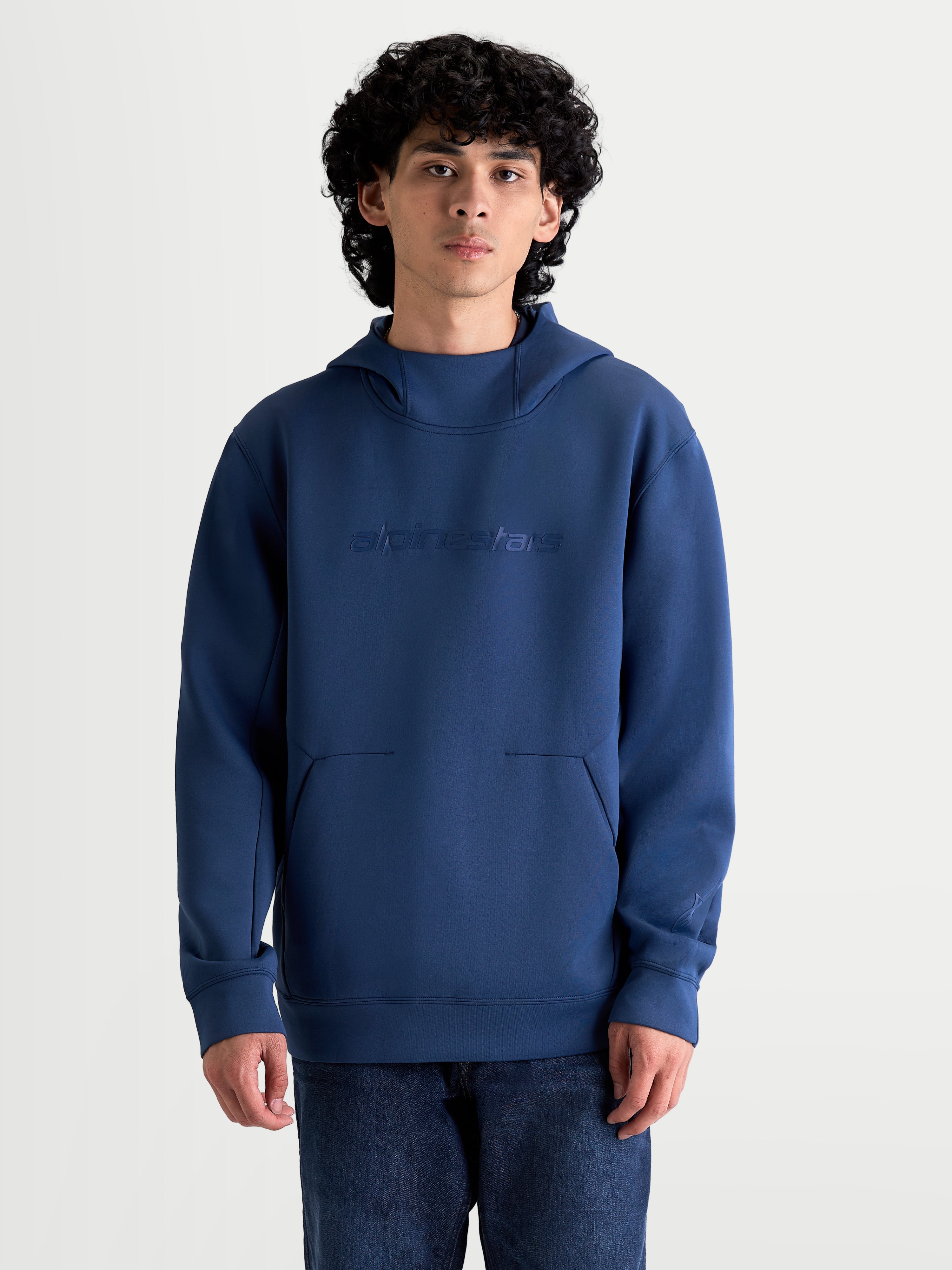 Alpinestars sweat à capuche Datrix, sweat à capuche sportswear pour homme, bleu acier, polaire double face avec marquage Alpinestars ton sur ton sur la poitrine et capuche doublée en mesh, style motorsport décontracté