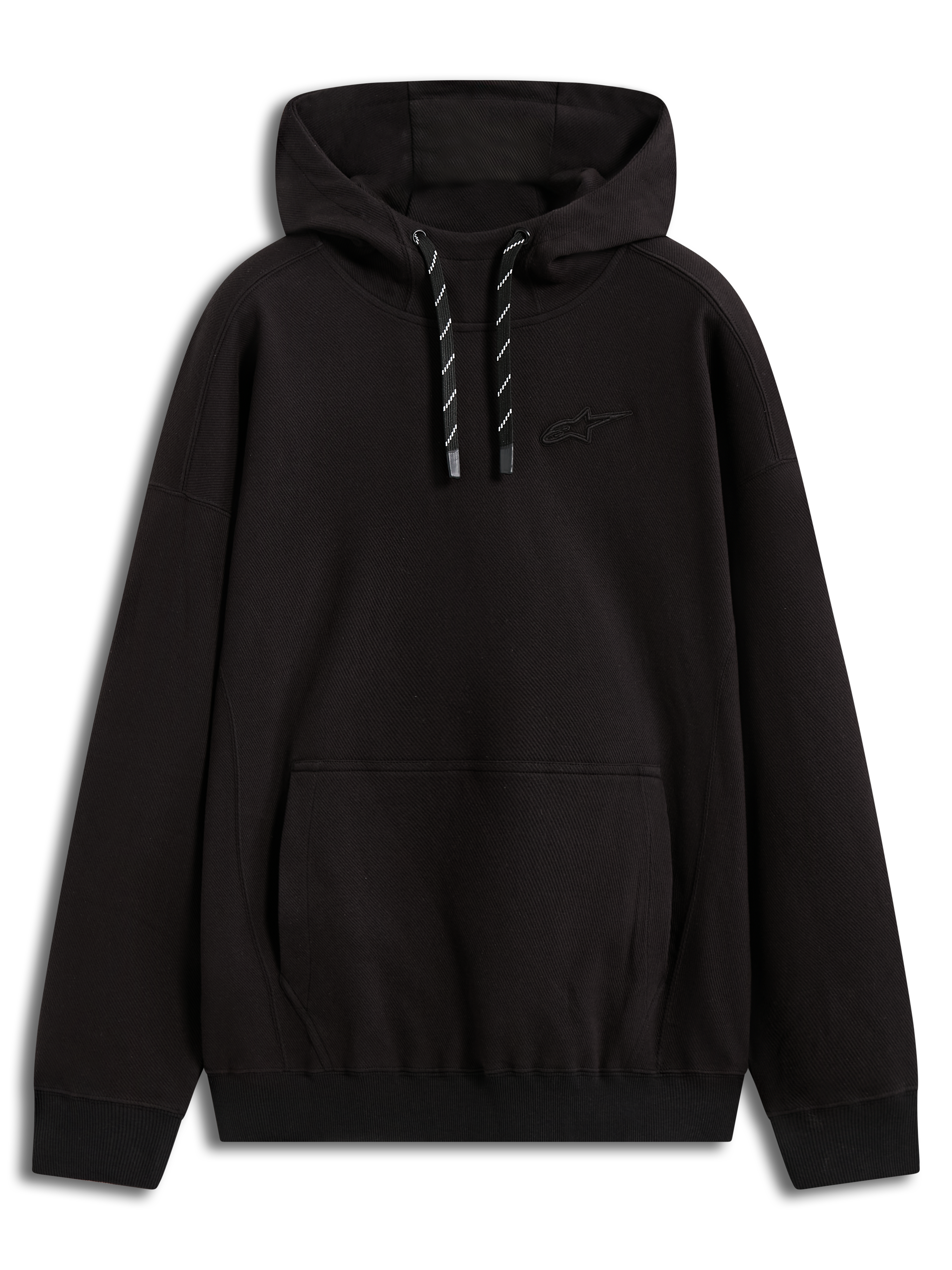Alpinestars Camino Textured Oversized Hoodie, sweat à capuche de sportswear noir en polaire texturée, logo 3D discret, poche kangourou et cordons bicolores noirs et blancs.