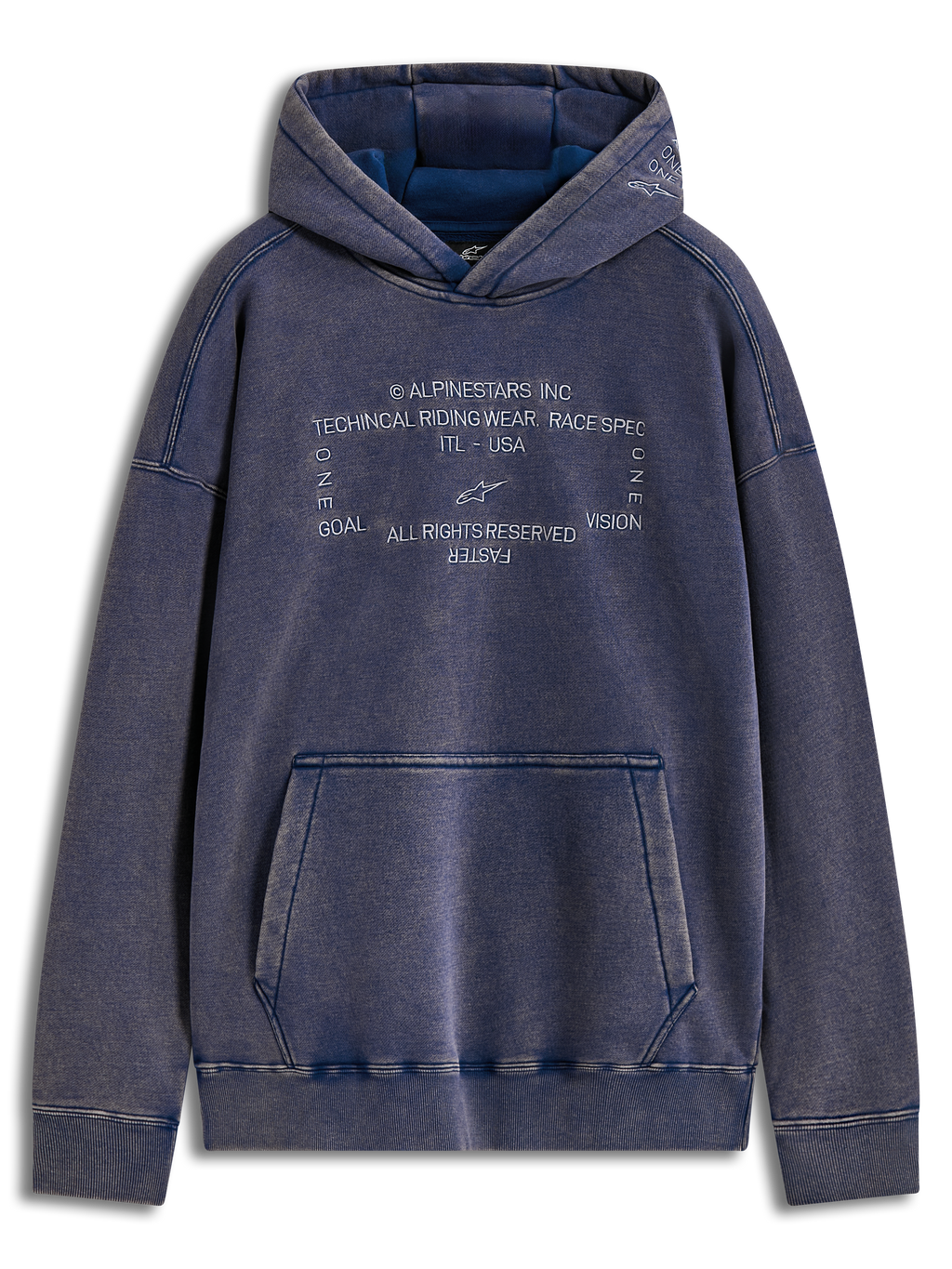 Alpinestars Infinite Washed Oversized Hoodie, sweat à capuche bleu en polaire effet neige, logos Alpinestars Word brodés avec poche kangourou.