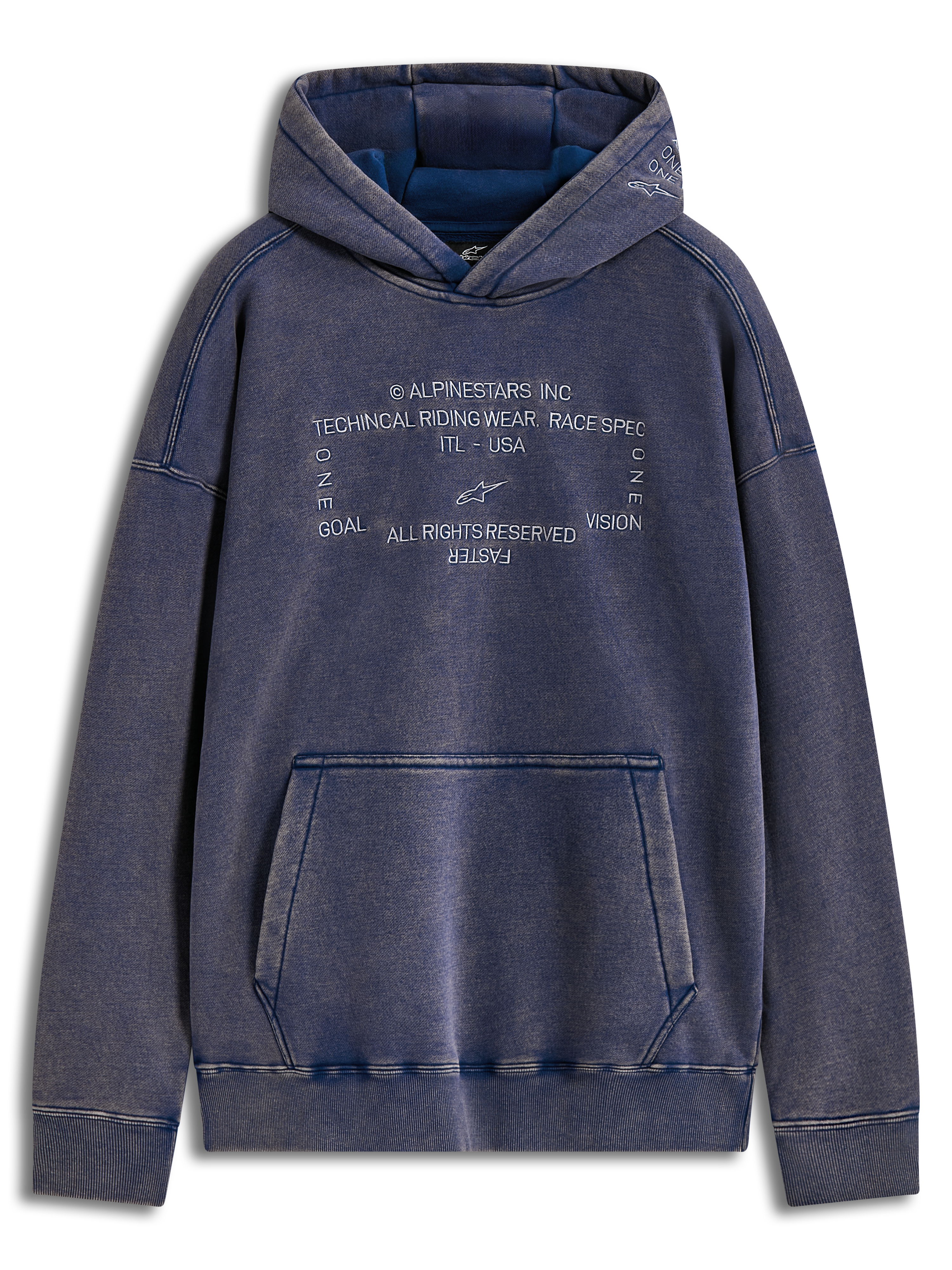 Alpinestars Infinite Washed Oversized Hoodie, sweat à capuche bleu en polaire effet neige, logos Alpinestars Word brodés avec poche kangourou.